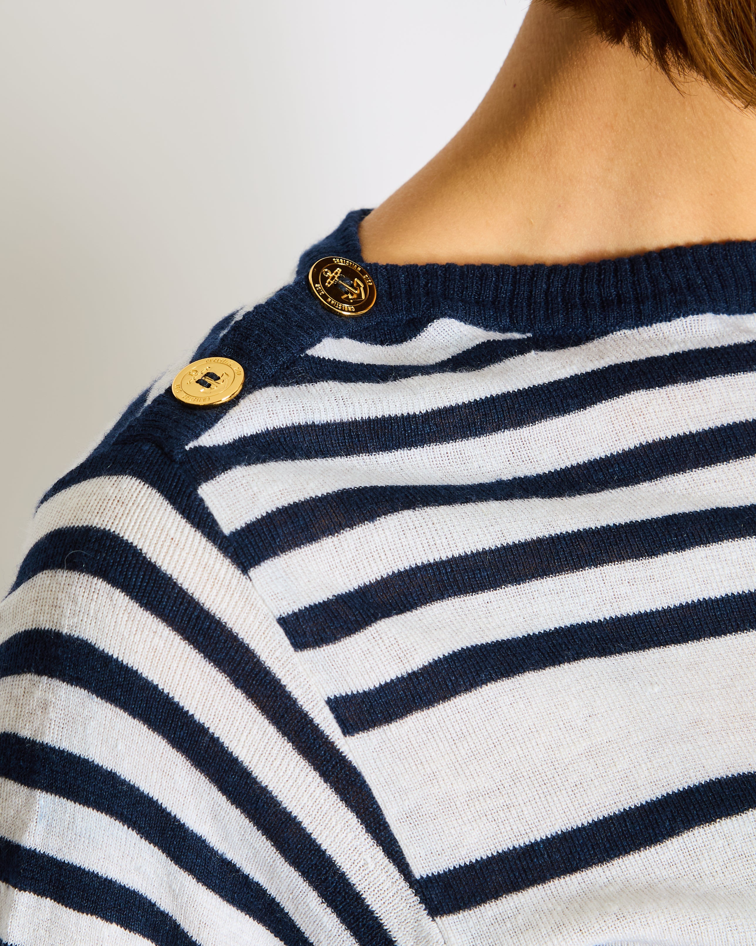 Christian Dior Navy Striped Logo Short Sleeve T-Shirt with Logo Button Detail Size FR 36 (UK 8)
