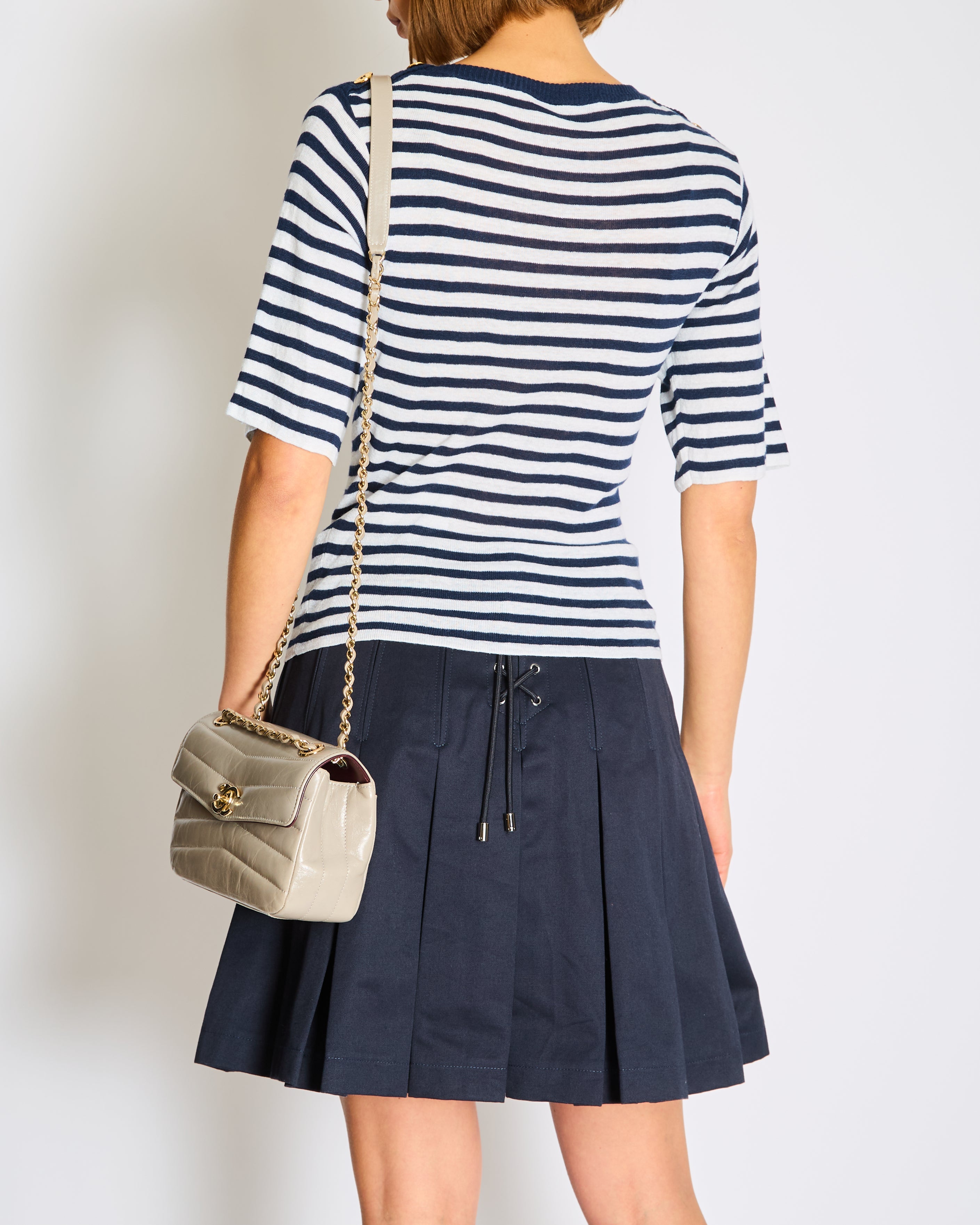 Christian Dior Navy Striped Logo Short Sleeve T-Shirt with Logo Button Detail Size FR 36 (UK 8)