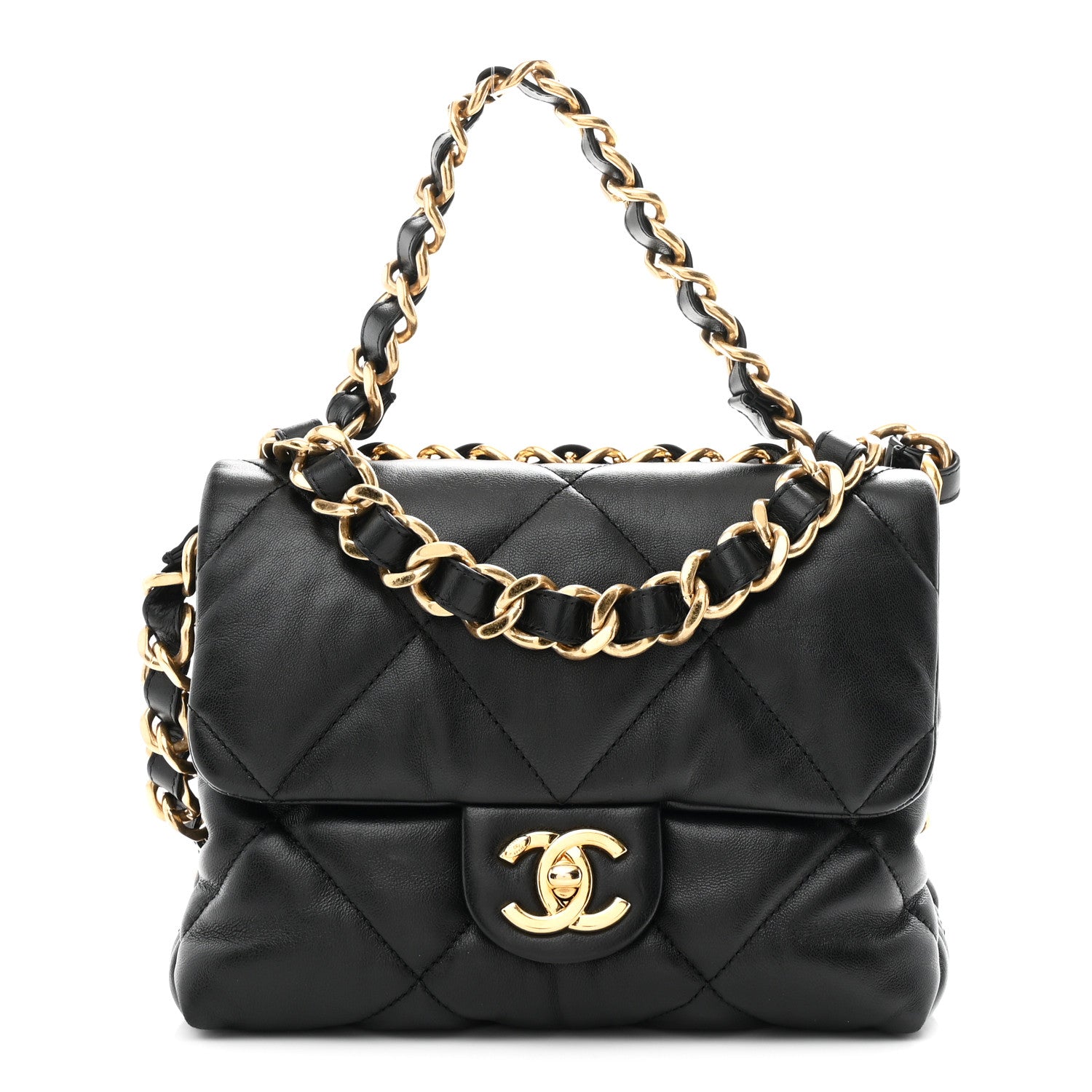 Lambskin Quilted Small Chain Top Handle Flap Black