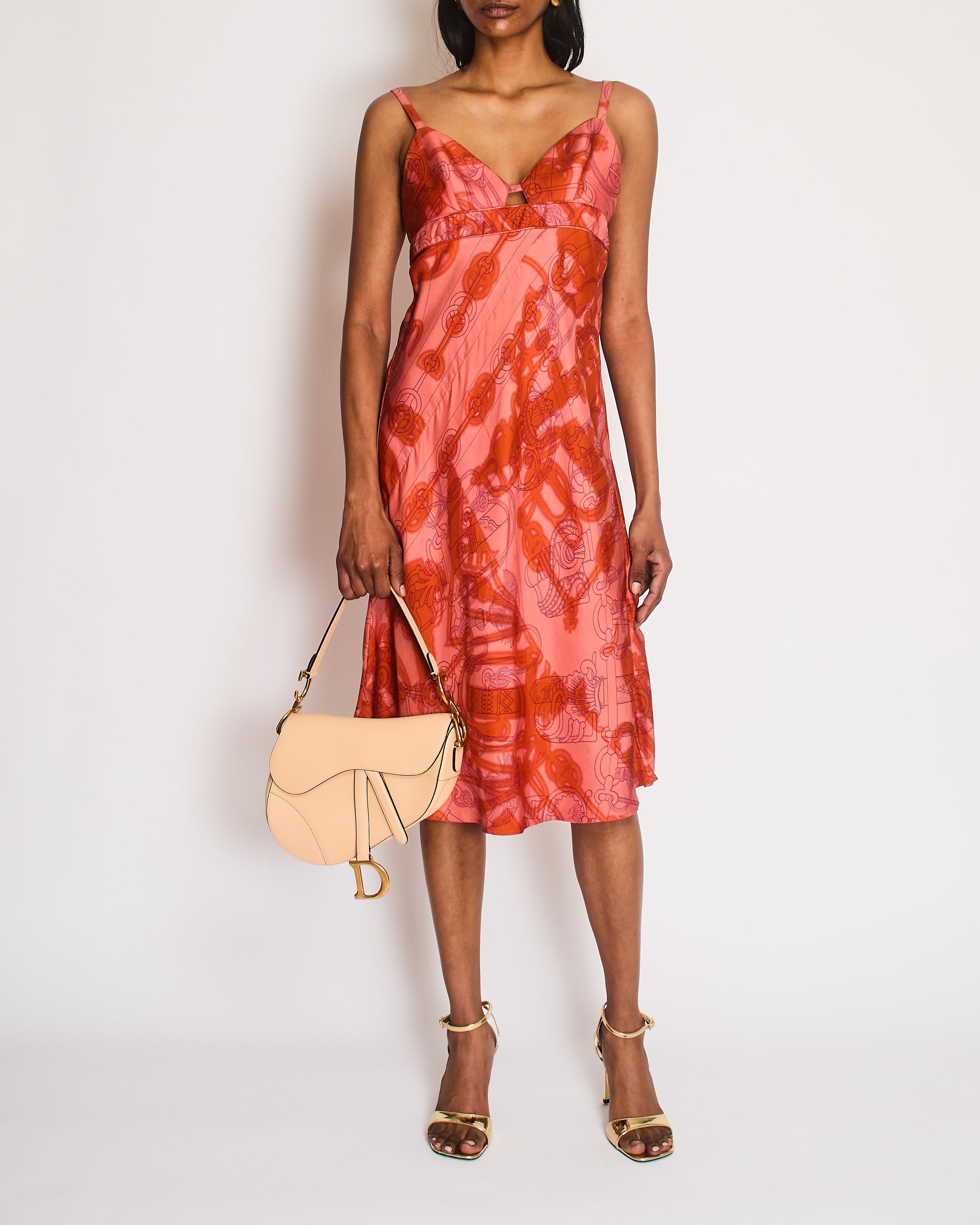 Hermès Orange and Pink Silk Midi Dress with Chain Link Print and Front Cut-Out Detail Size FR 38 (UK 10)