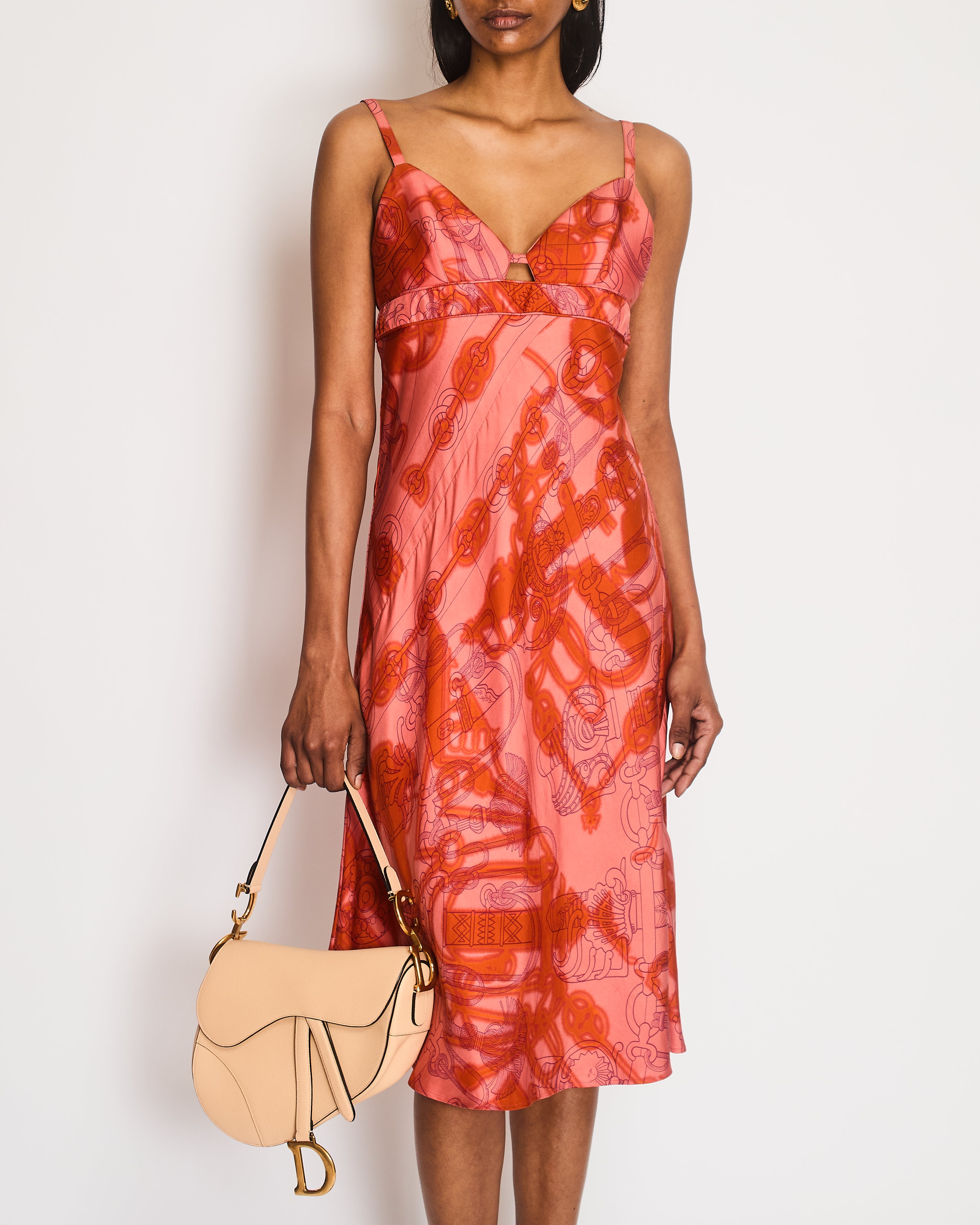 Hermès Orange and Pink Silk Midi Dress with Chain Link Print and Front Cut-Out Detail Size FR 38 (UK 10)