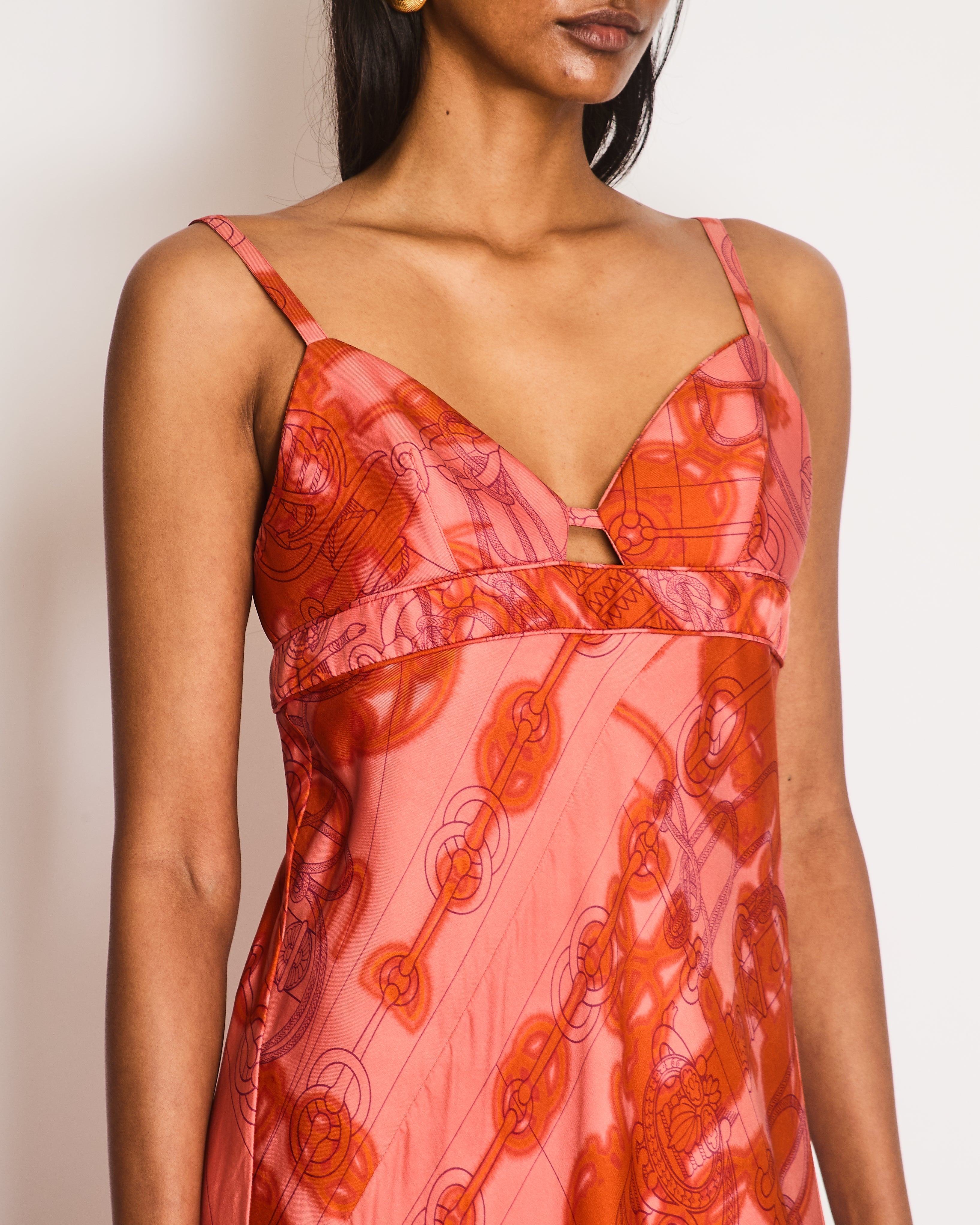 Hermès Orange and Pink Silk Midi Dress with Chain Link Print and Front Cut-Out Detail Size FR 38 (UK 10)