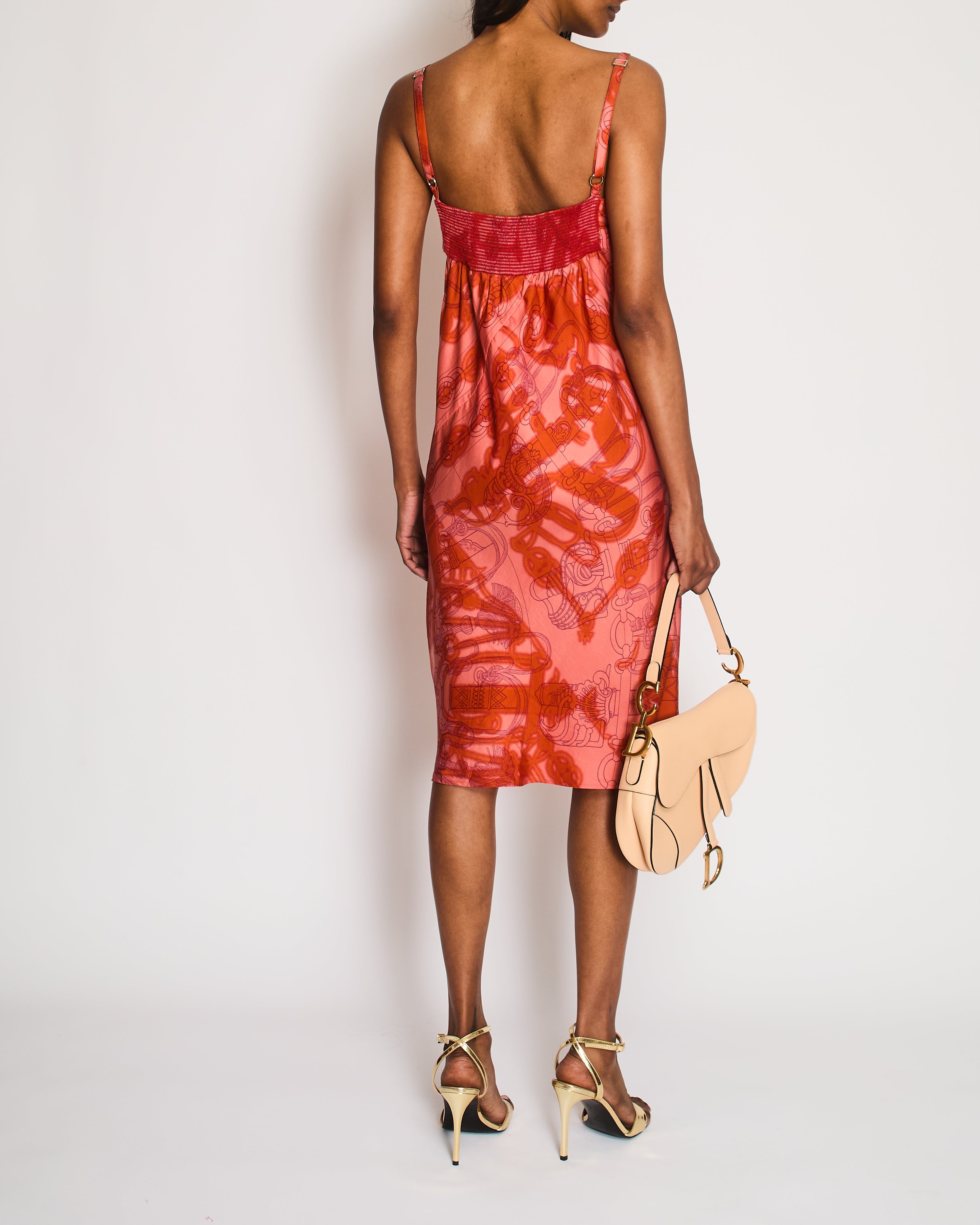 Hermès Orange and Pink Silk Midi Dress with Chain Link Print and Front Cut-Out Detail Size FR 38 (UK 10)