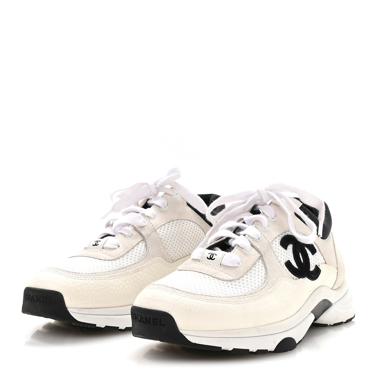 Mesh Suede Calfskin Grained Calfskin Womens CC Sneakers 38.5 White Black