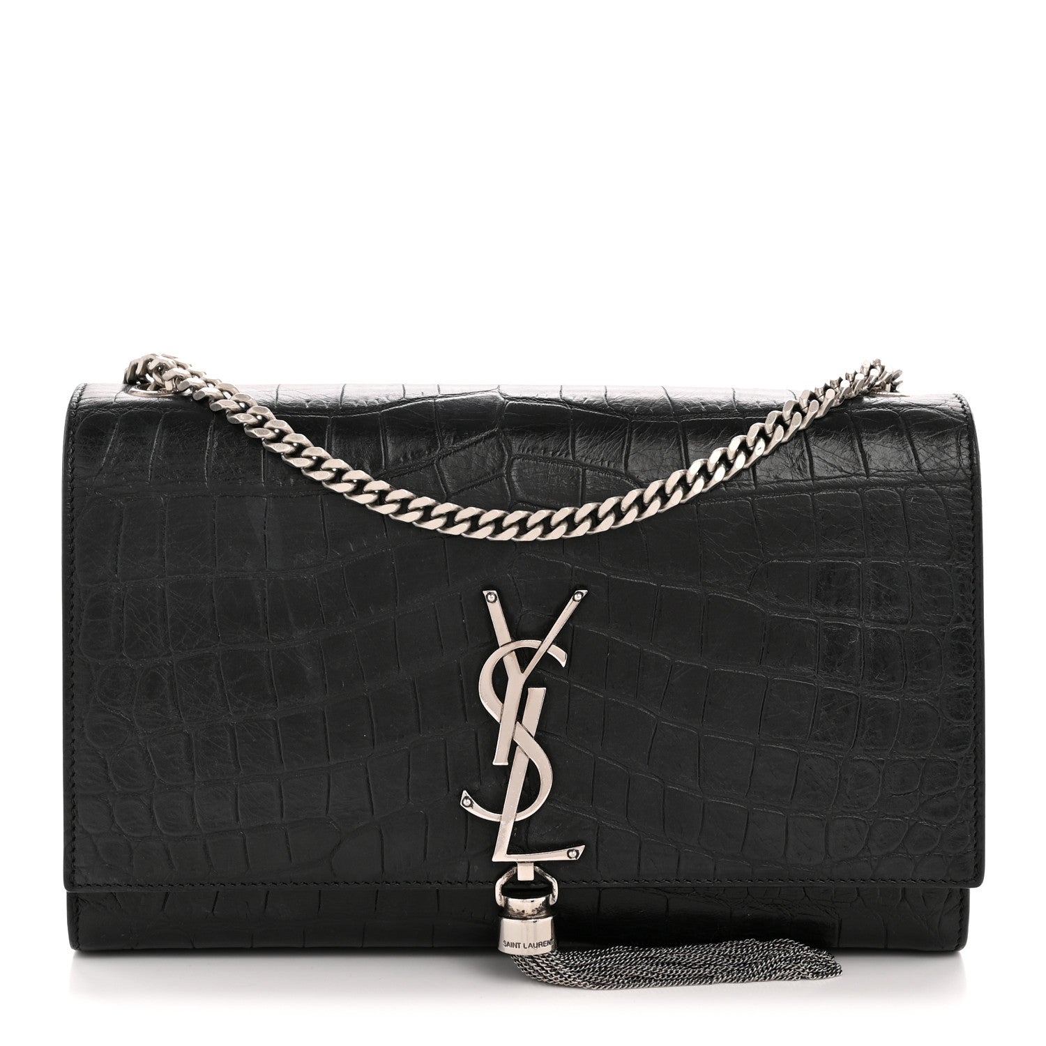 Calfskin Crocodile Embossed Medium Classic Monogram Kate Tassel Satchel Black