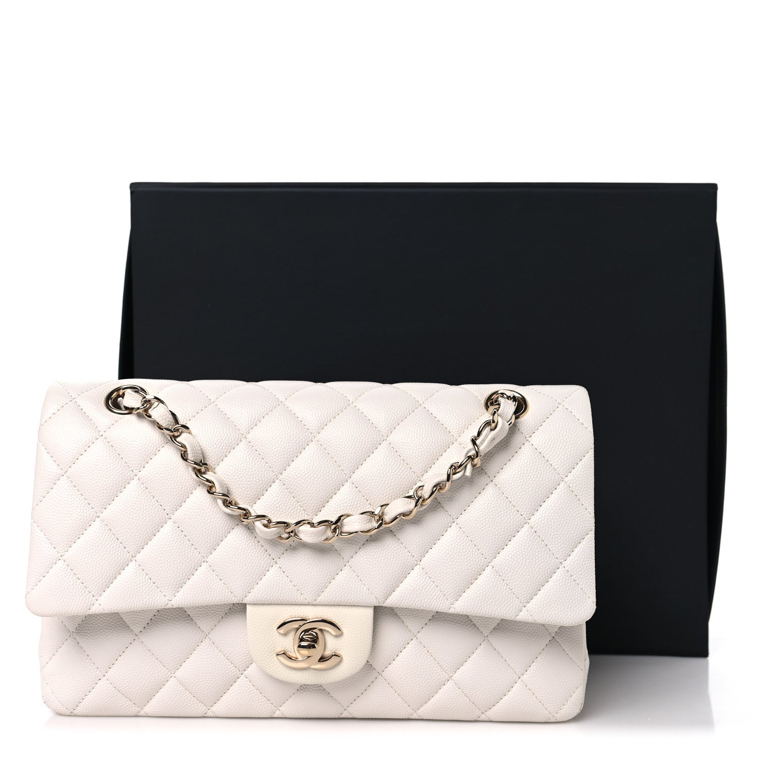 Caviar Quilted Medium Double Flap White