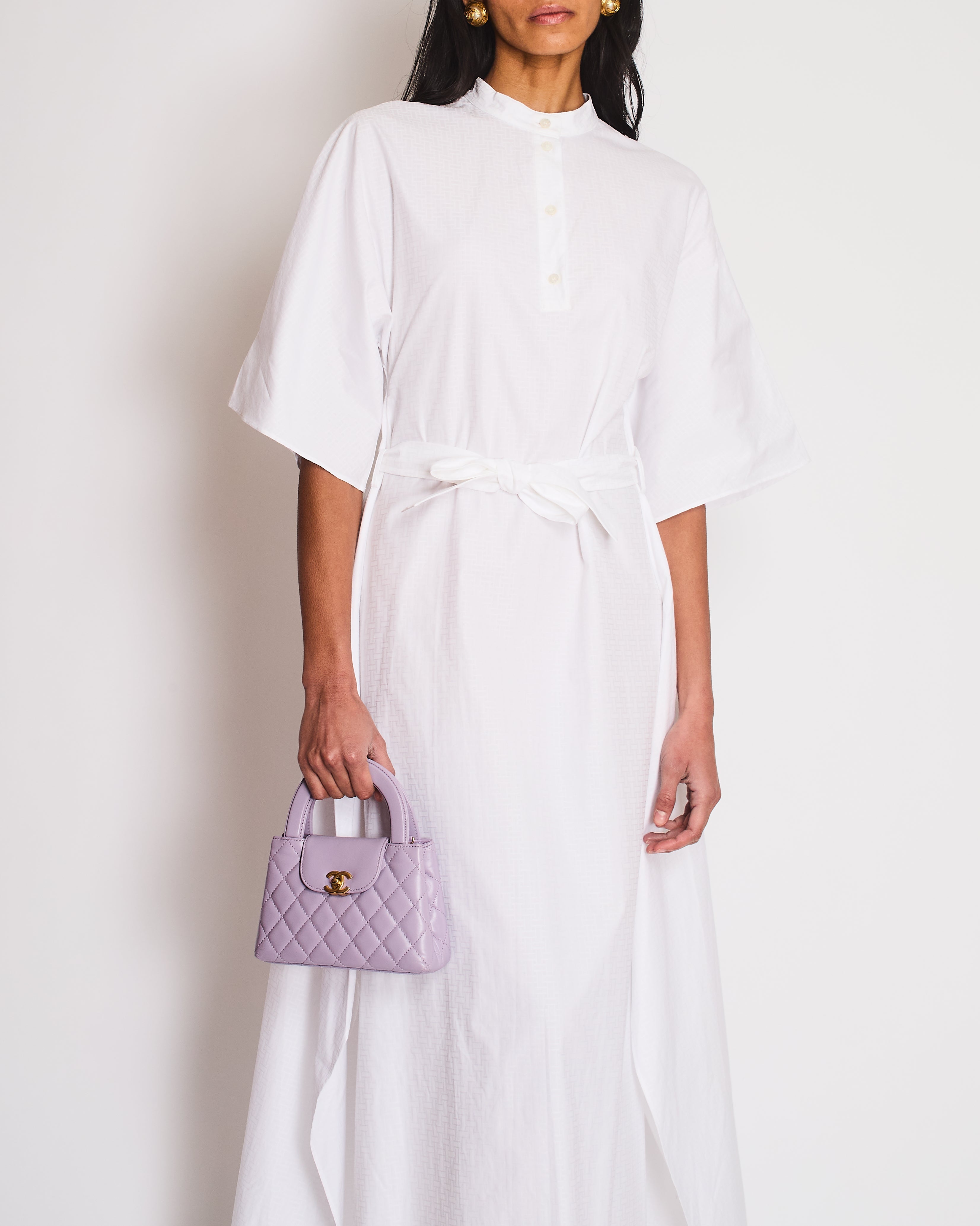 Hermes White Printed Midi Shirt Dress with Tie Belt Size FR 38 (UK 10)