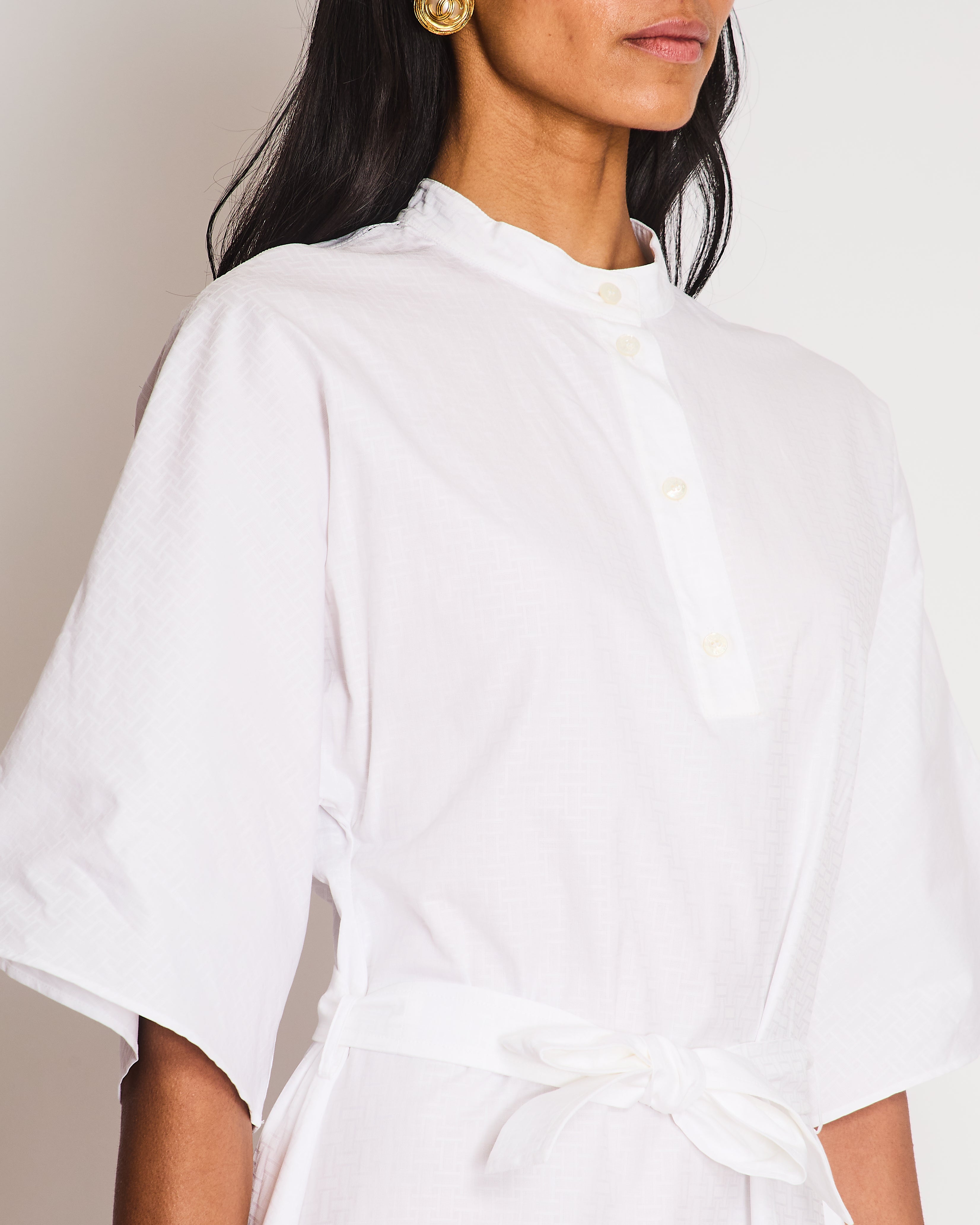 Hermes White Printed Midi Shirt Dress with Tie Belt Size FR 38 (UK 10)