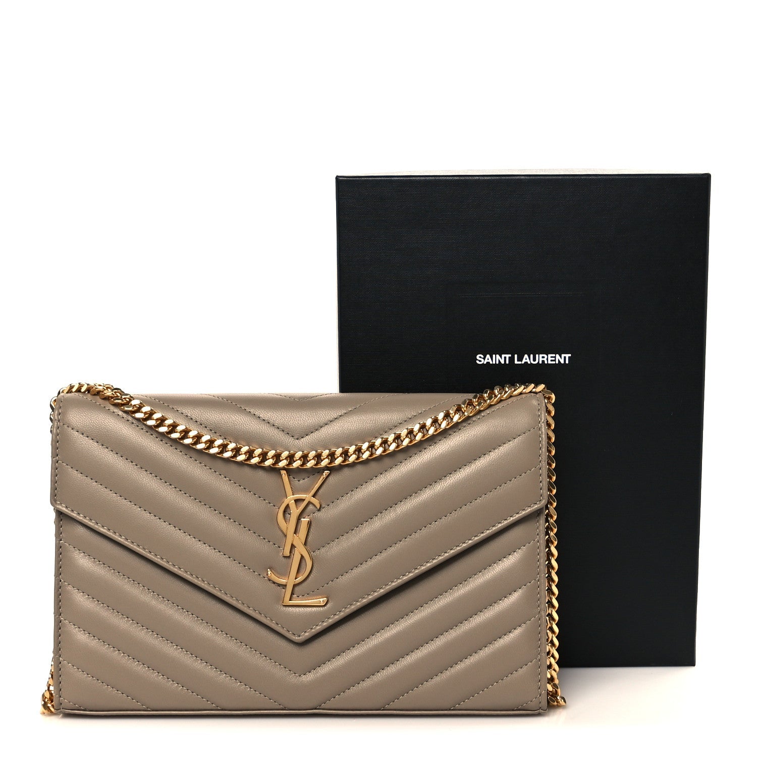 Lambskin Matelasse Chevron Monogram Envelope Chain Wallet Vintage Peach