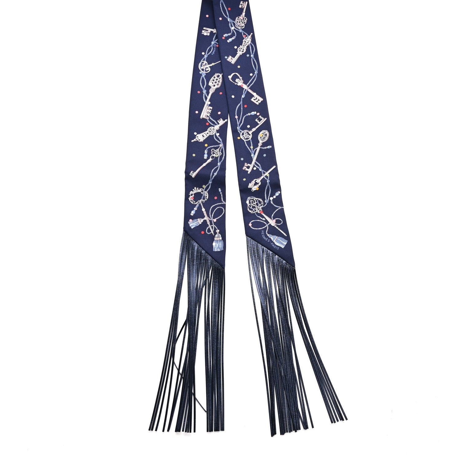 Silk Calfskin Les Cles A Pois Fringed Twilly Bleu Marine Gris Argent Multicolor