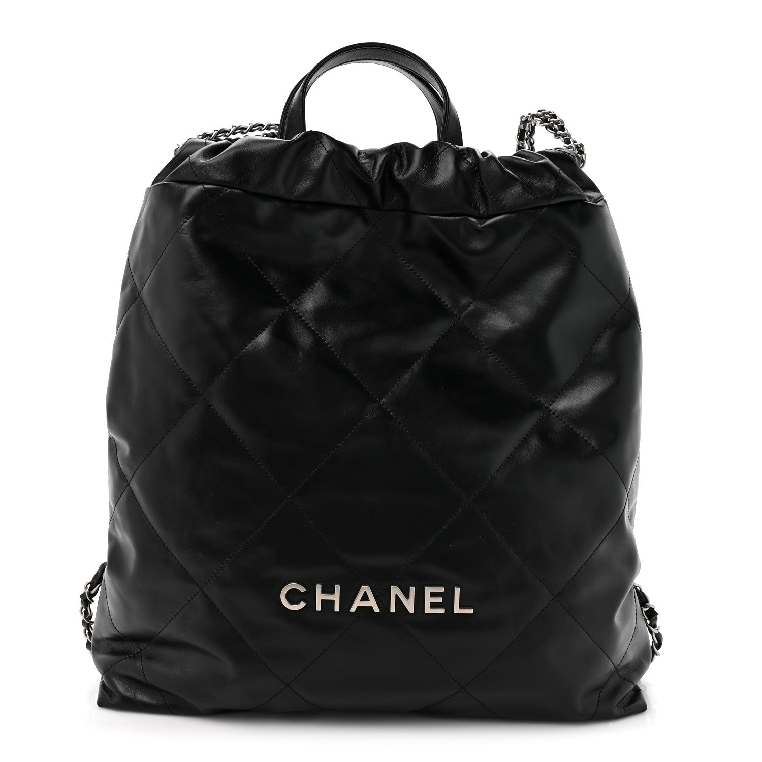 Shiny Calfskin Quilted Chanel 22 Backpack Black