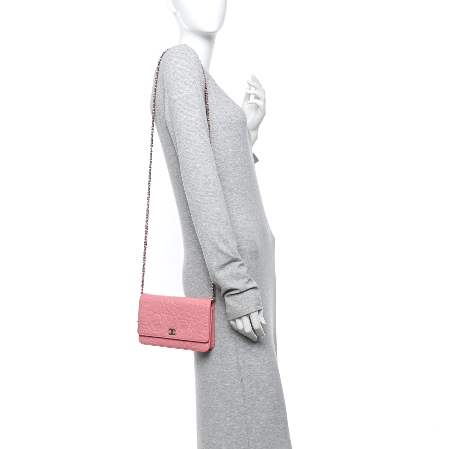 Lambskin Camellia Embossed Wallet on Chain WOC Pink