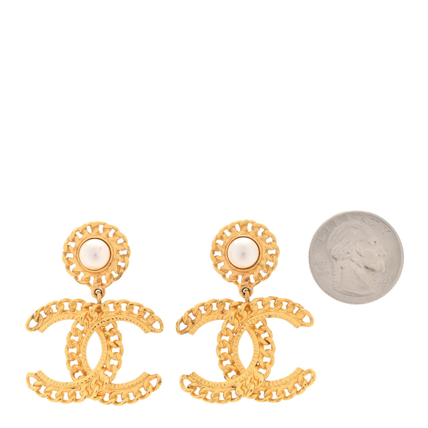 Metal Pearl CC Chain Drop Earrings Gold