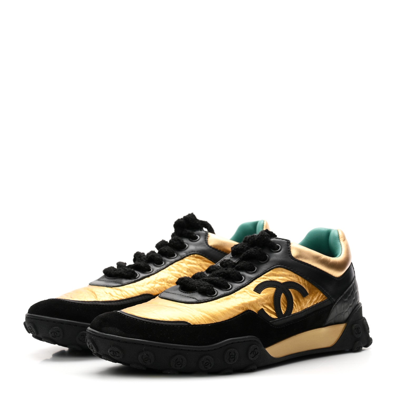 Metallic Fabric Calfskin Suede Crocodile Embossed CC Sneakers 38.5 Black Gold
