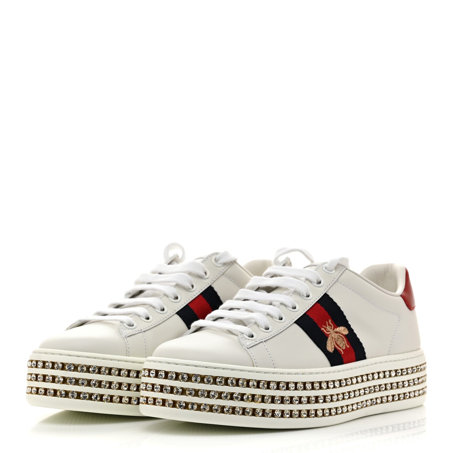 Calfskin Crystal Web Bee Embroidered Womens Ace Platform Sneakers 35.5 White