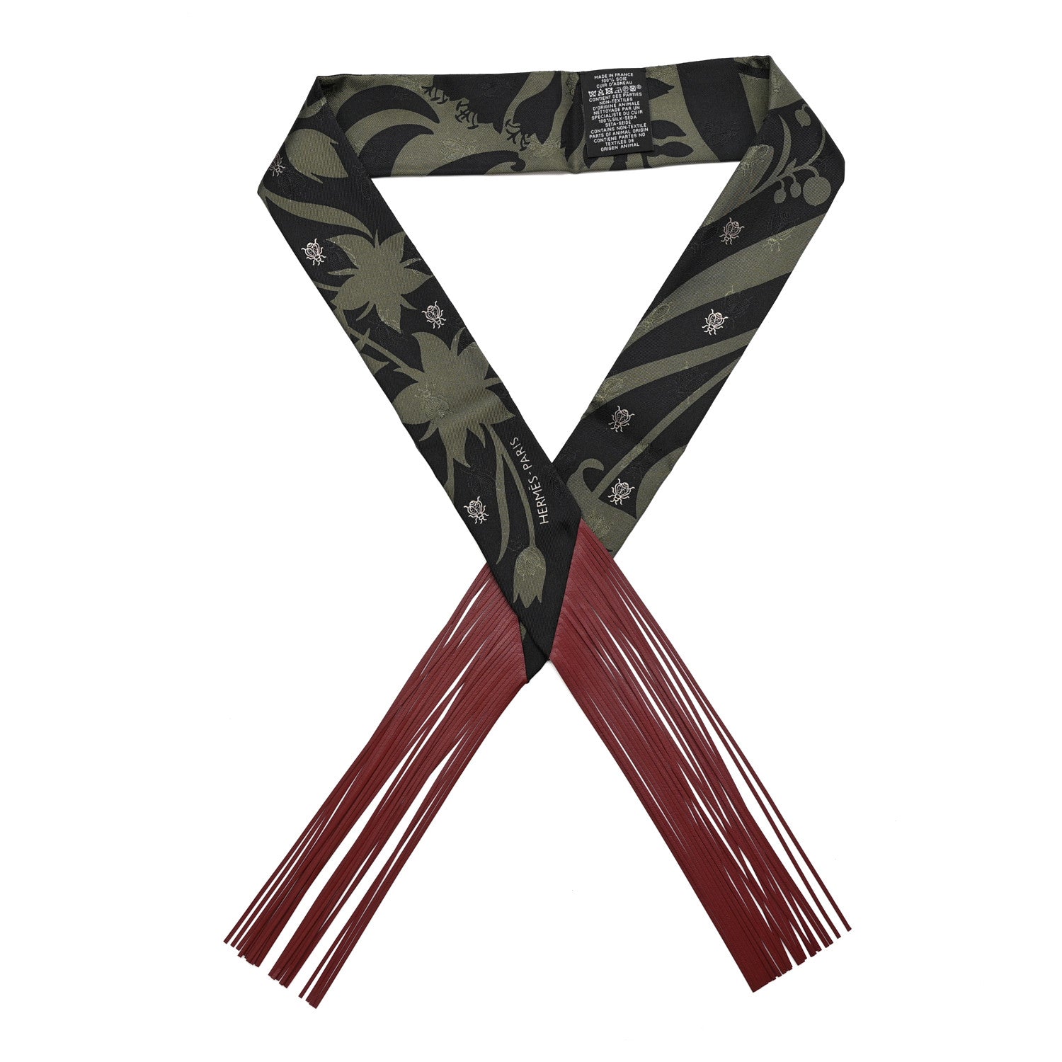 Silk Calfskin Bouquet Final Fringed Twilly Vert Loden Black