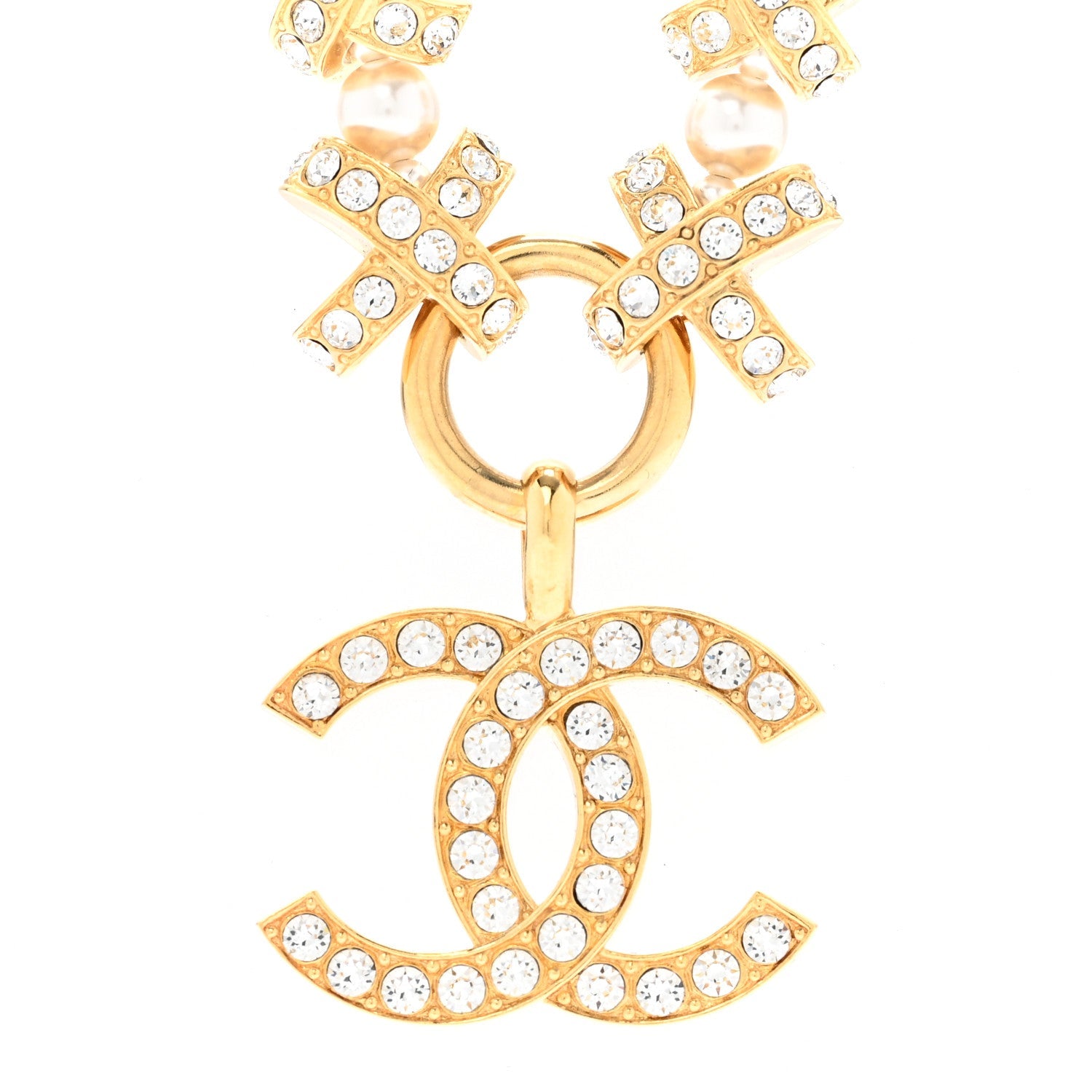 Metal Crystal CC X Pearl Necklace Gold