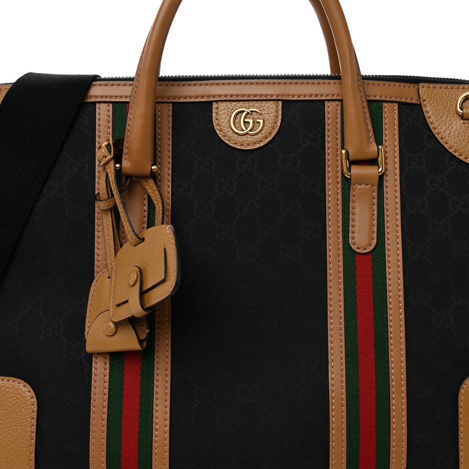 Monogram Textured Dollar Calfskin Web Large Bauletto Duffle Top Handle Bag Black Koi Beige