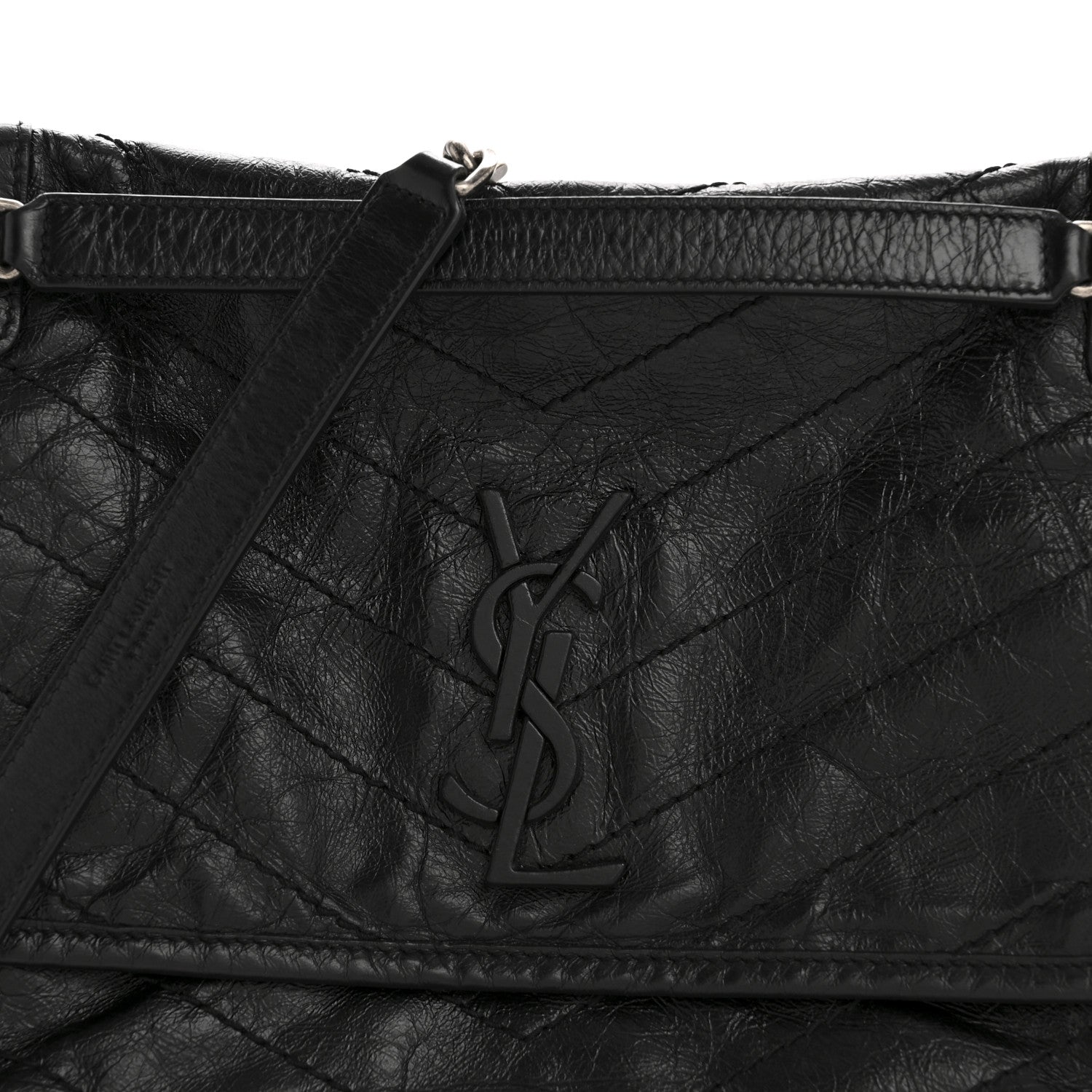 Crinkled Calfskin Matelasse Monogram Medium Niki Chain Satchel Black