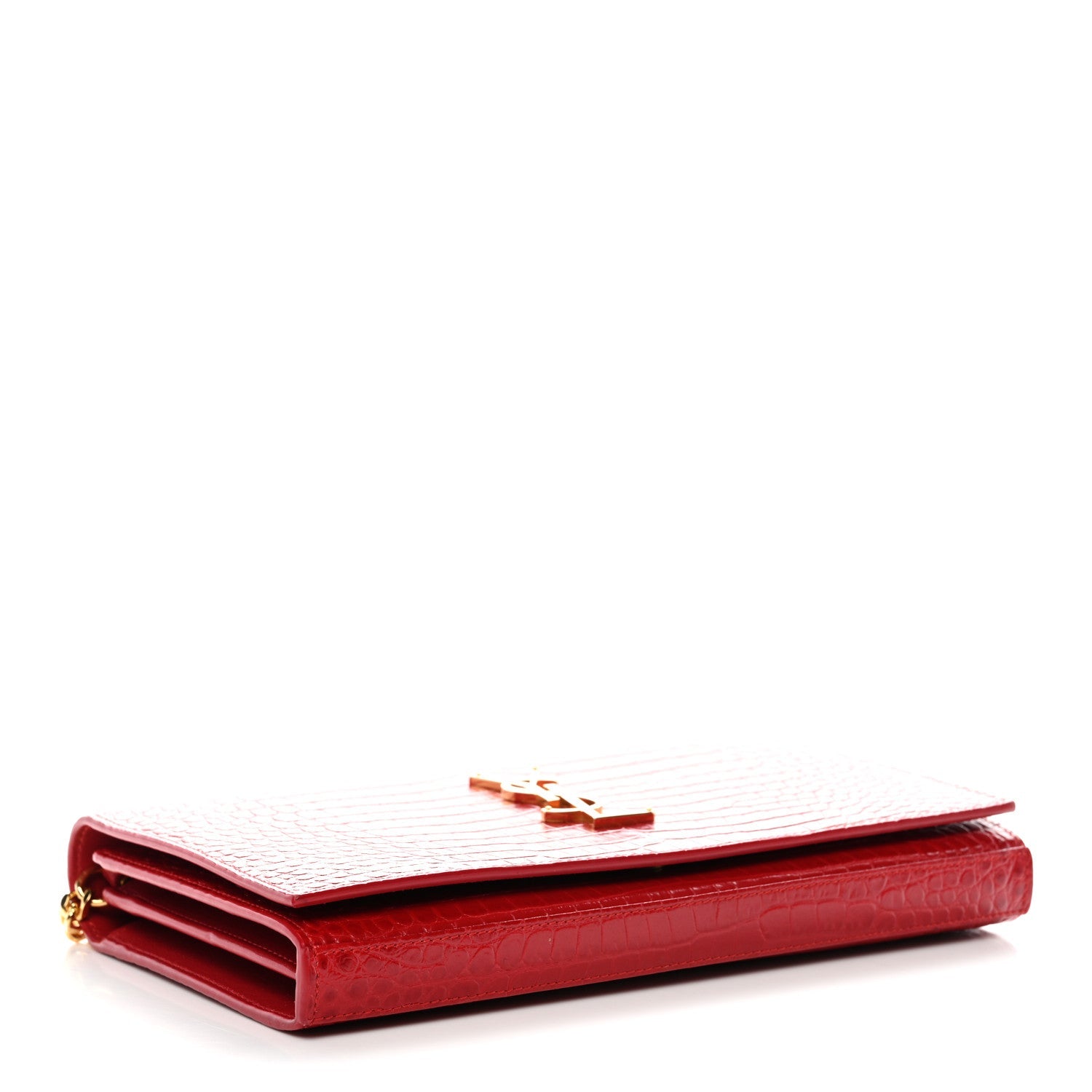 Calfskin Crocodile Embossed Monogram Chain Wallet New Lipstick Red