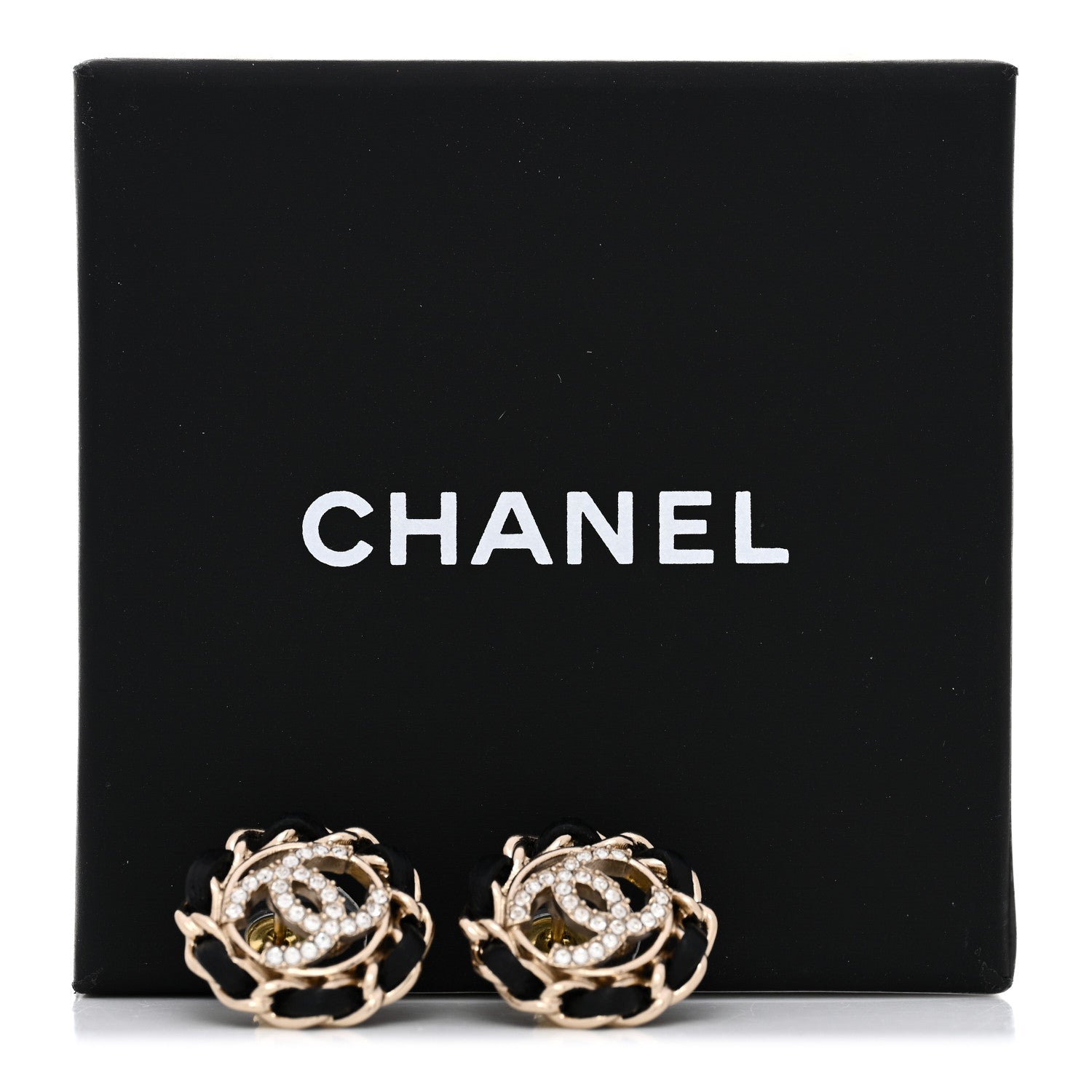Crystal Lambskin Chain CC Stud Earrings Black Gold