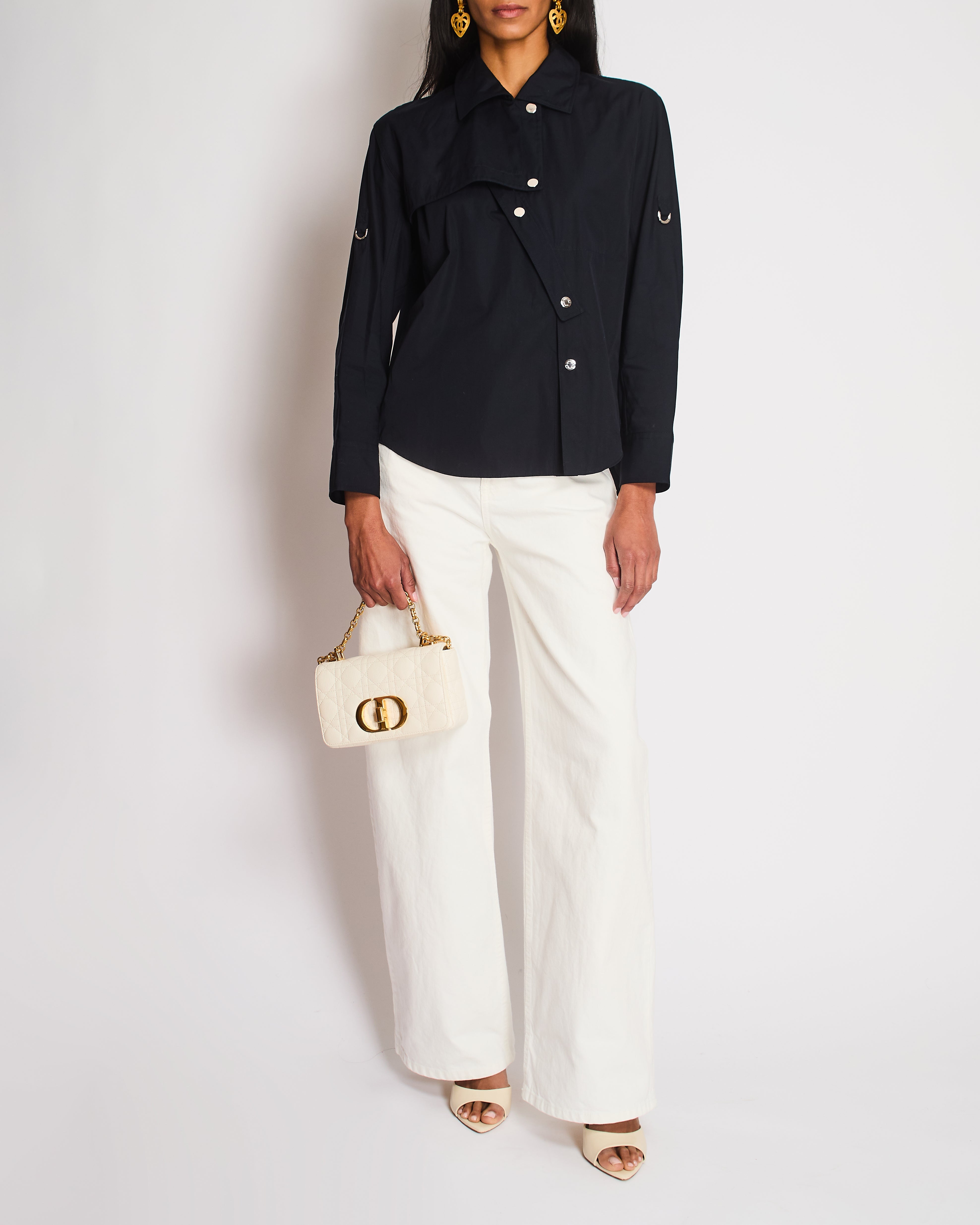 Hermes Navy Asymmetric Button Up Shirt with Overlap Collar Detail Size FR 34 (UK 6)