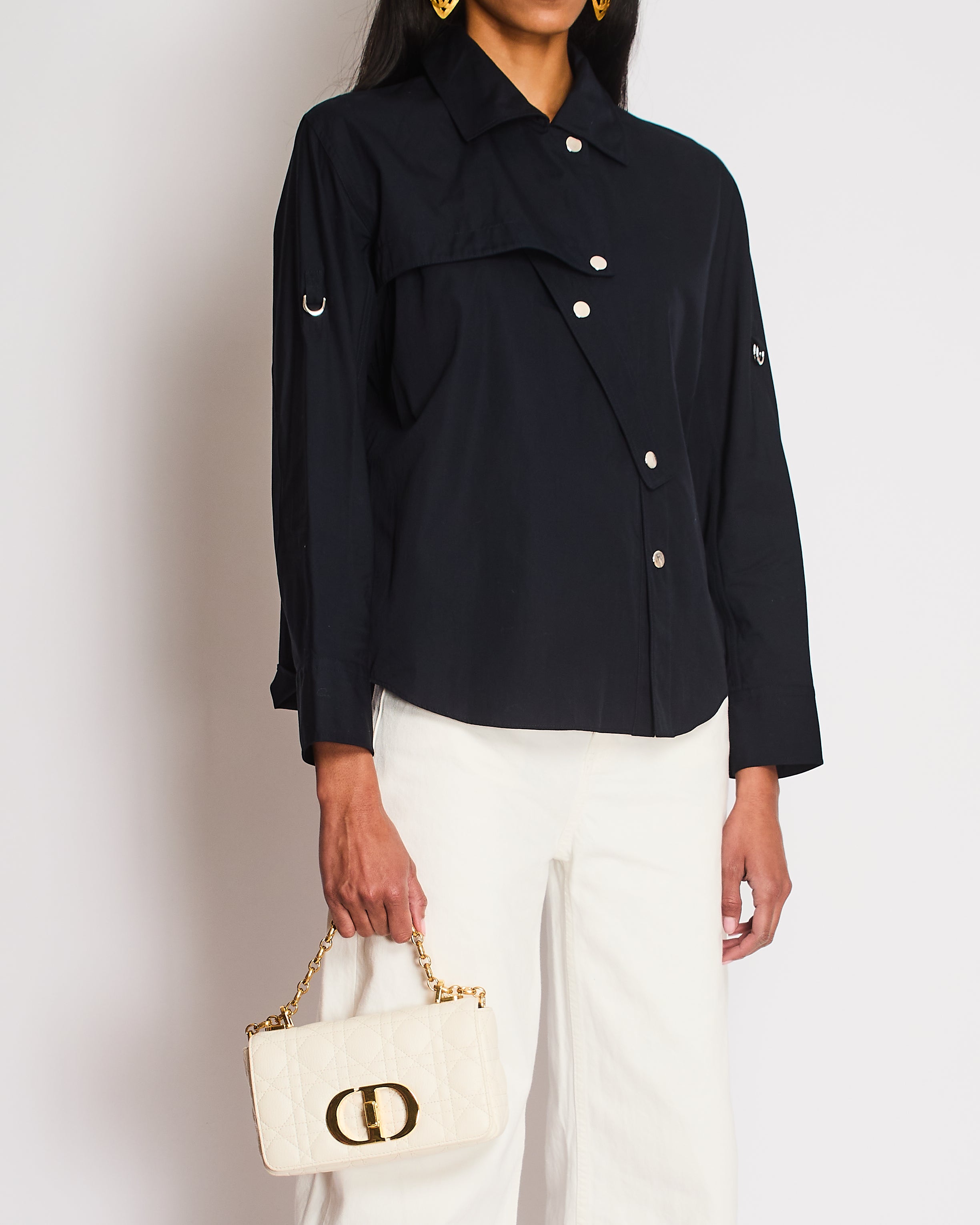 Hermes Navy Asymmetric Button Up Shirt with Overlap Collar Detail Size FR 34 (UK 6)