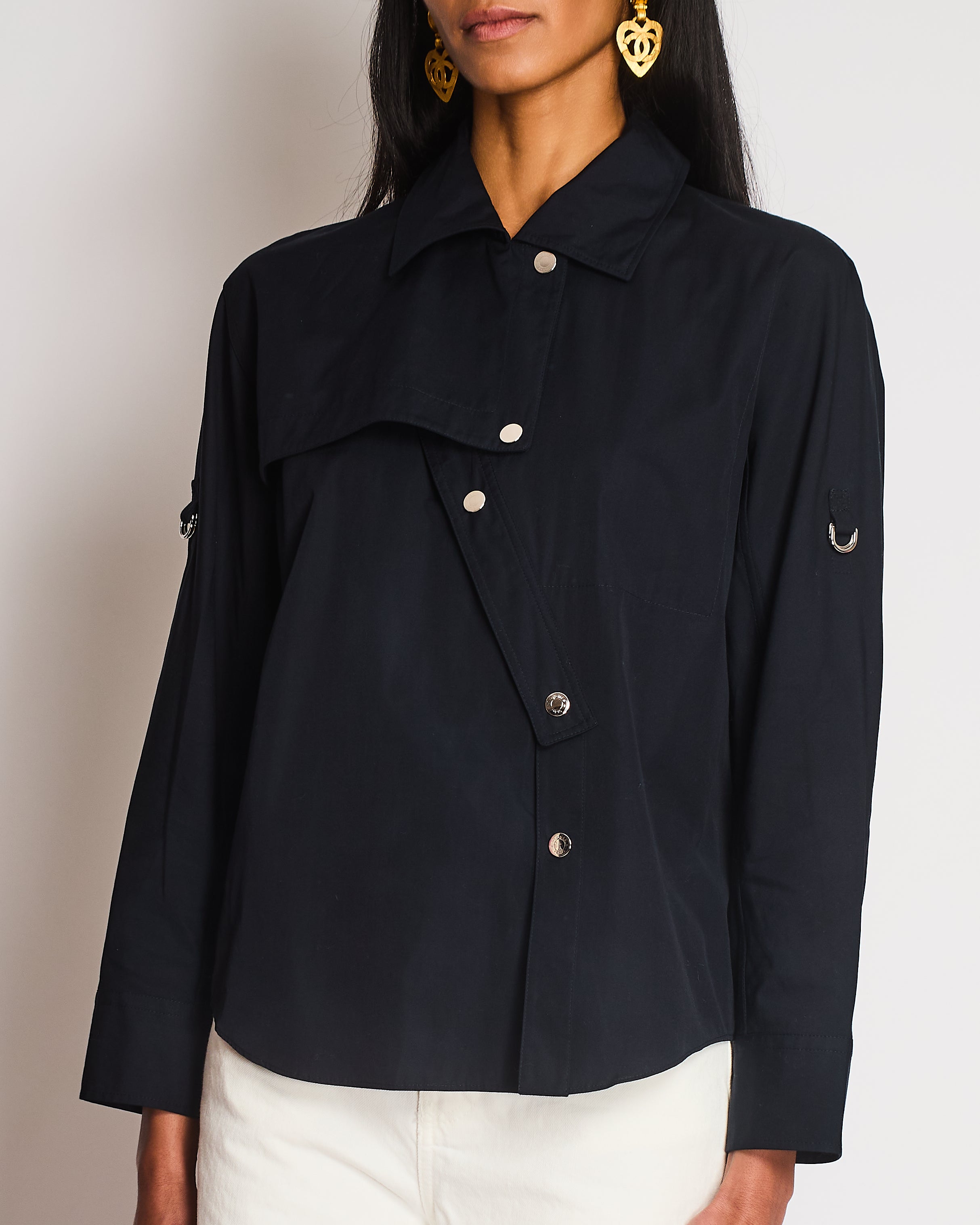 Hermes Navy Asymmetric Button Up Shirt with Overlap Collar Detail Size FR 34 (UK 6)