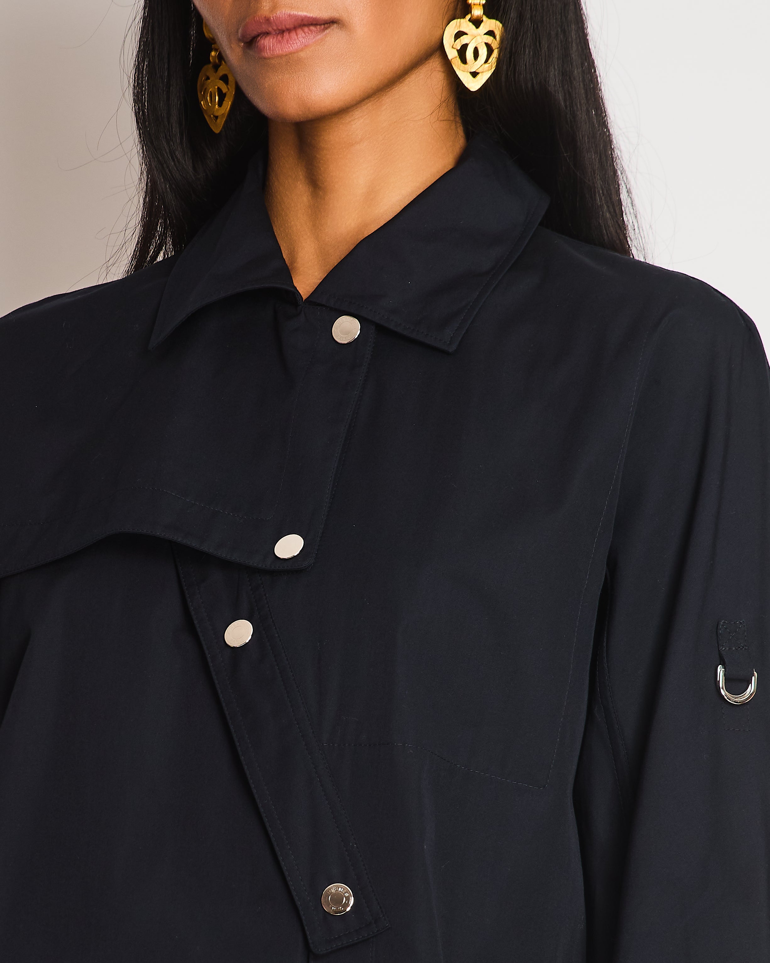 Hermes Navy Asymmetric Button Up Shirt with Overlap Collar Detail Size FR 34 (UK 6)