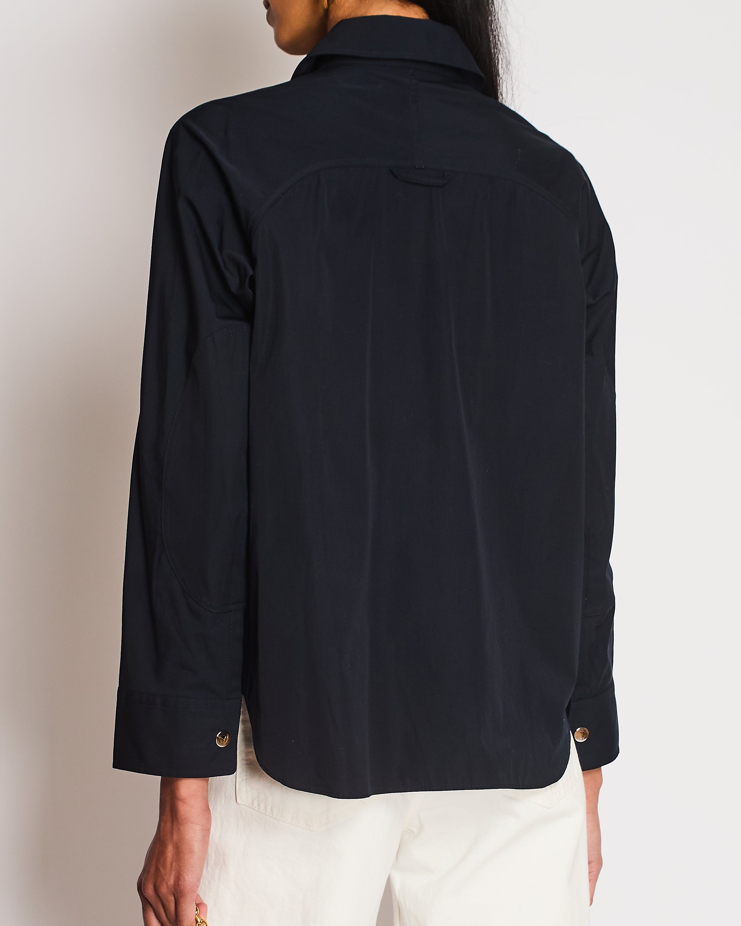 Hermes Navy Asymmetric Button Up Shirt with Overlap Collar Detail Size FR 34 (UK 6)