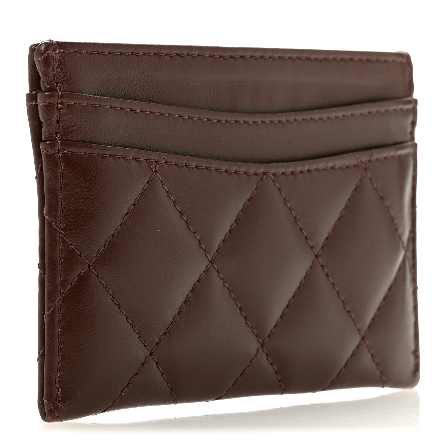 Lambskin Quilted Card Holder Dark Brown