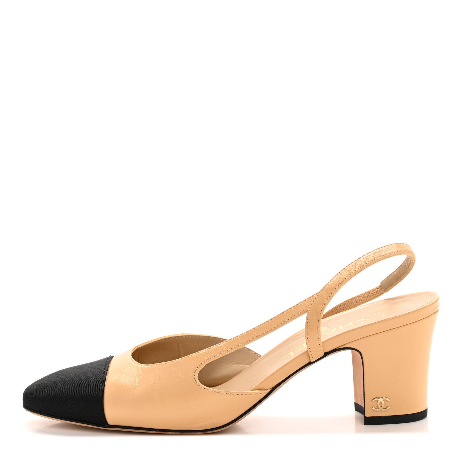 Goatskin Grosgrain Cap Toe CC Slingback Pumps 38.5 Beige Black