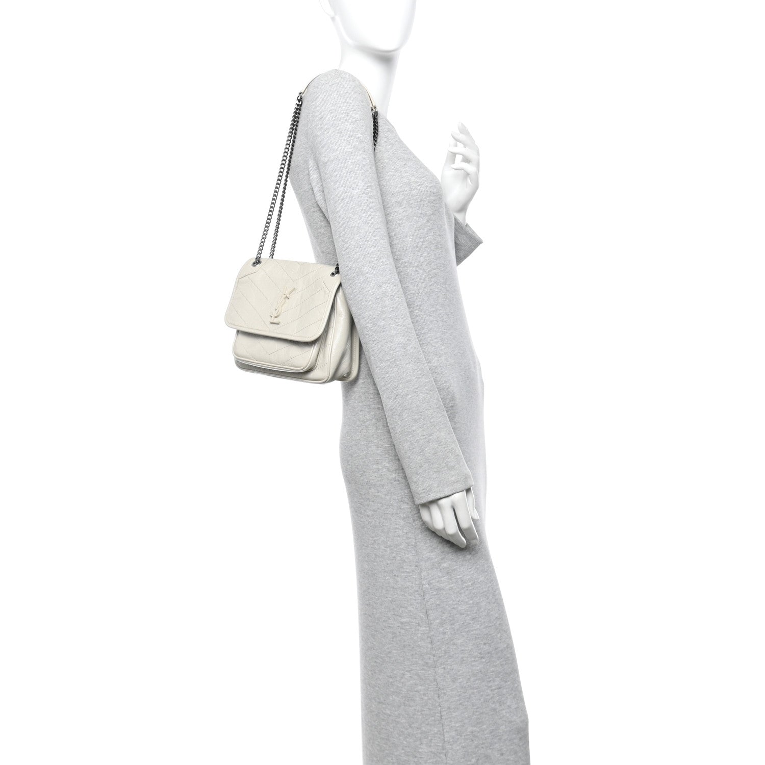 Crinkled Calfskin Matelasse Monogram Baby Niki Chain Satchel Crema Soft