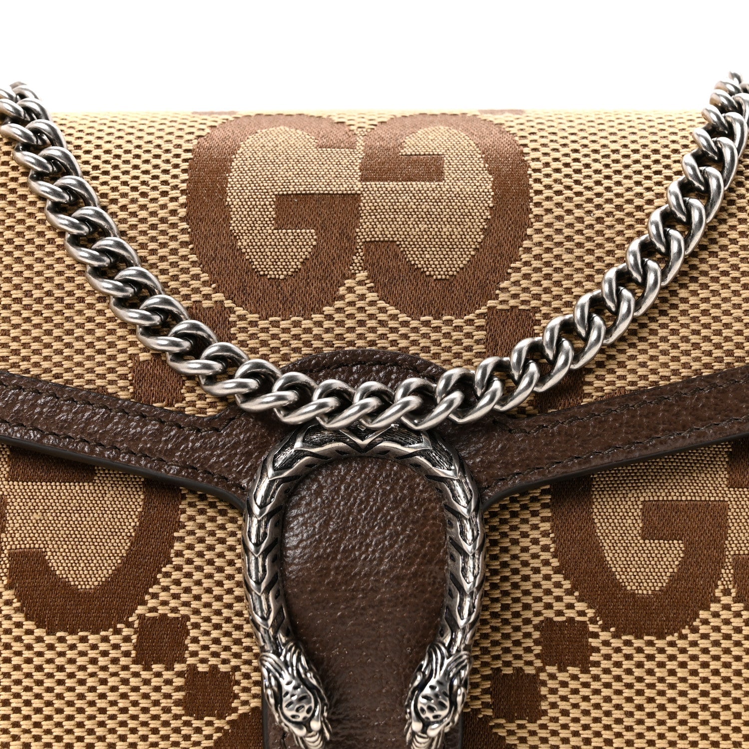Monogram Jumbo GG Textured Dollar Calfskin Mini Dionysus Chain Wallet Camel Ebony New Acero