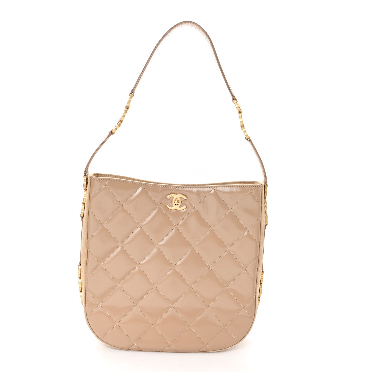 Shiny Calfskin Suede Goatskin Quilted Hobo Beige