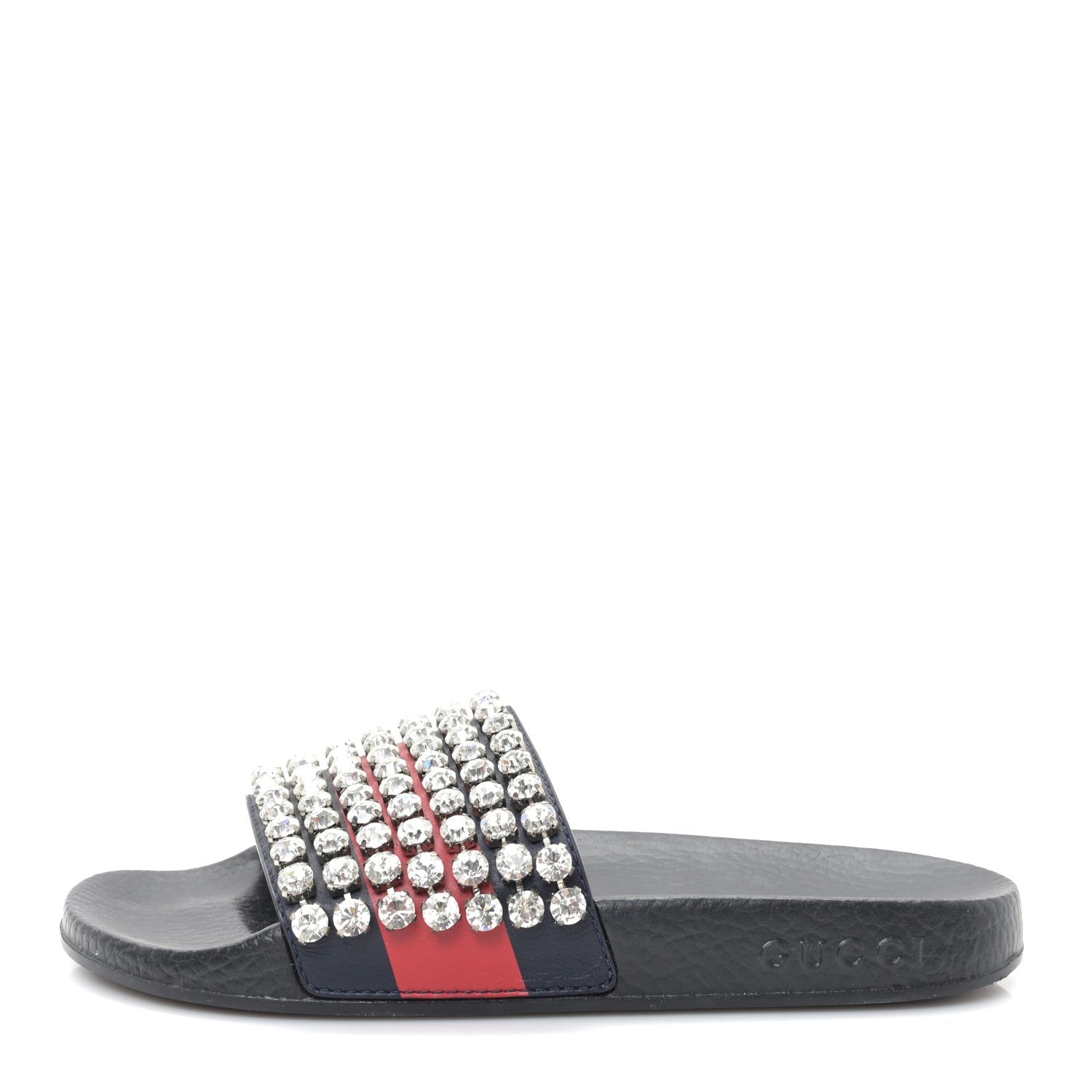Calfskin Crystal Embellished Web Slide Sandals 36 Blue Red