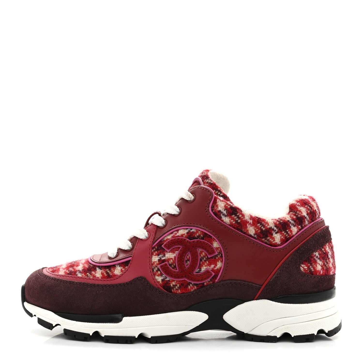 Wool Tweed Suede Calfskin Womens CC Sneakers 36 Red White Dark Brown Burgundy