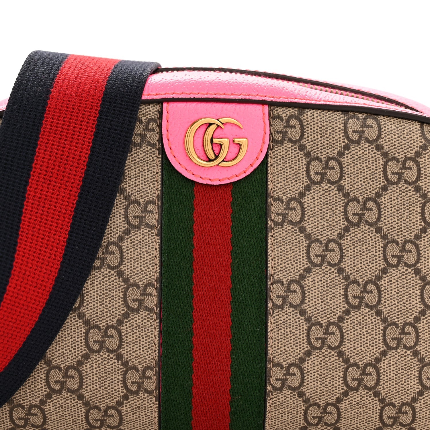 GG Supreme Monogram Textured Dollar Calfskin Web Ophidia Small Crossbody Bag Beige Ebony Fuchsia