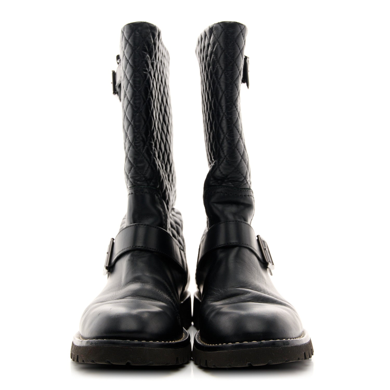 Calfskin Quilted Biker Boots 38.5 Black