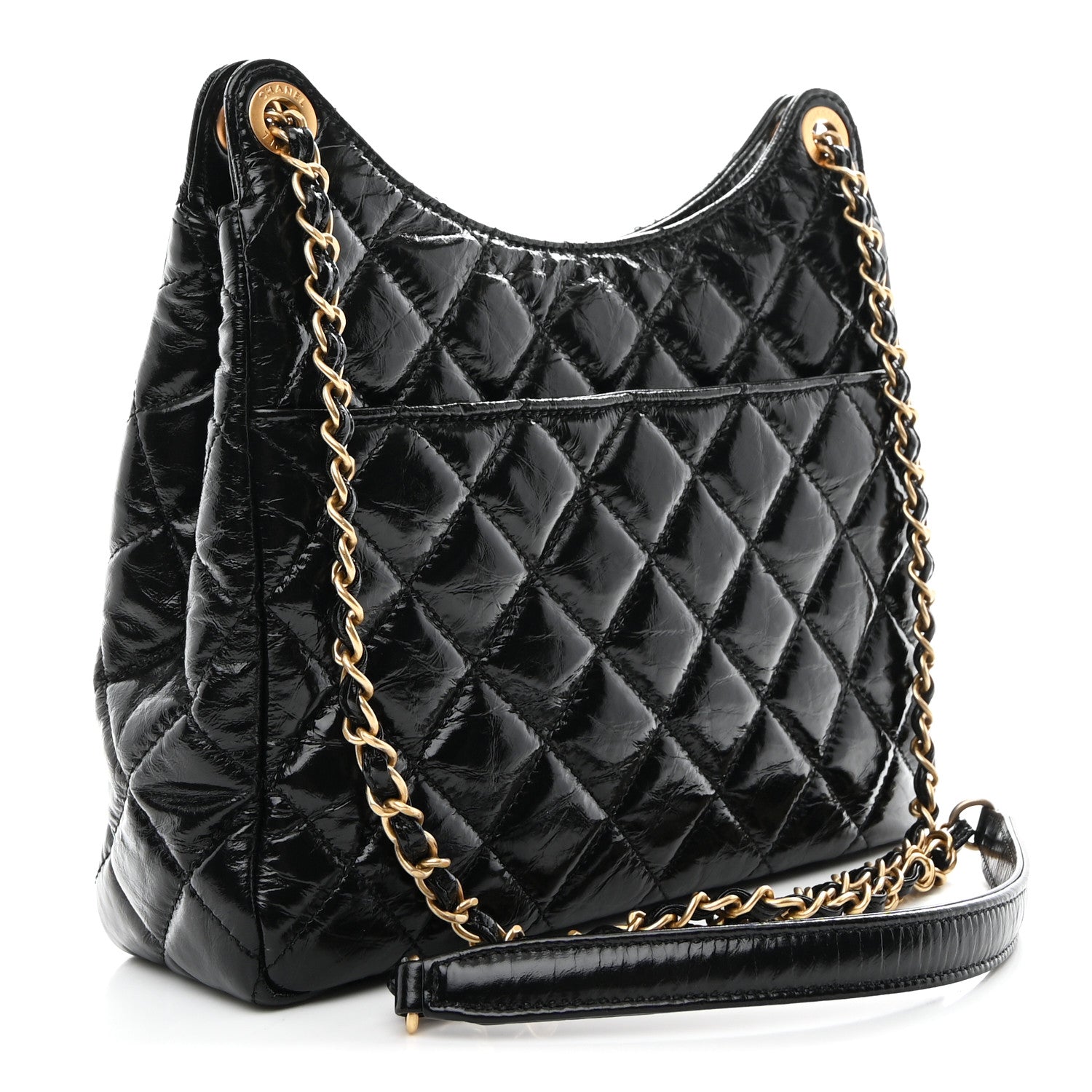 Shiny Crumpled Calfskin Quilted Wavy CC Hobo Black