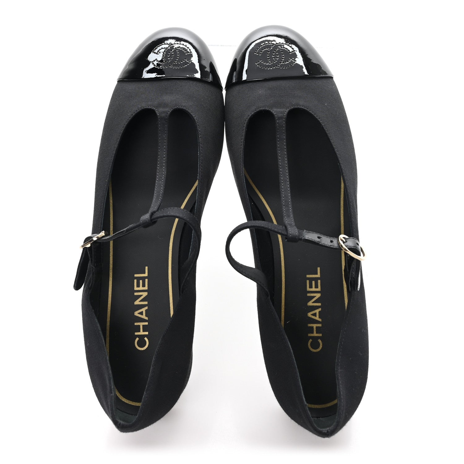 Grosgrain Patent Calfskin Cap Toe T Strap CC Flats 38 Black