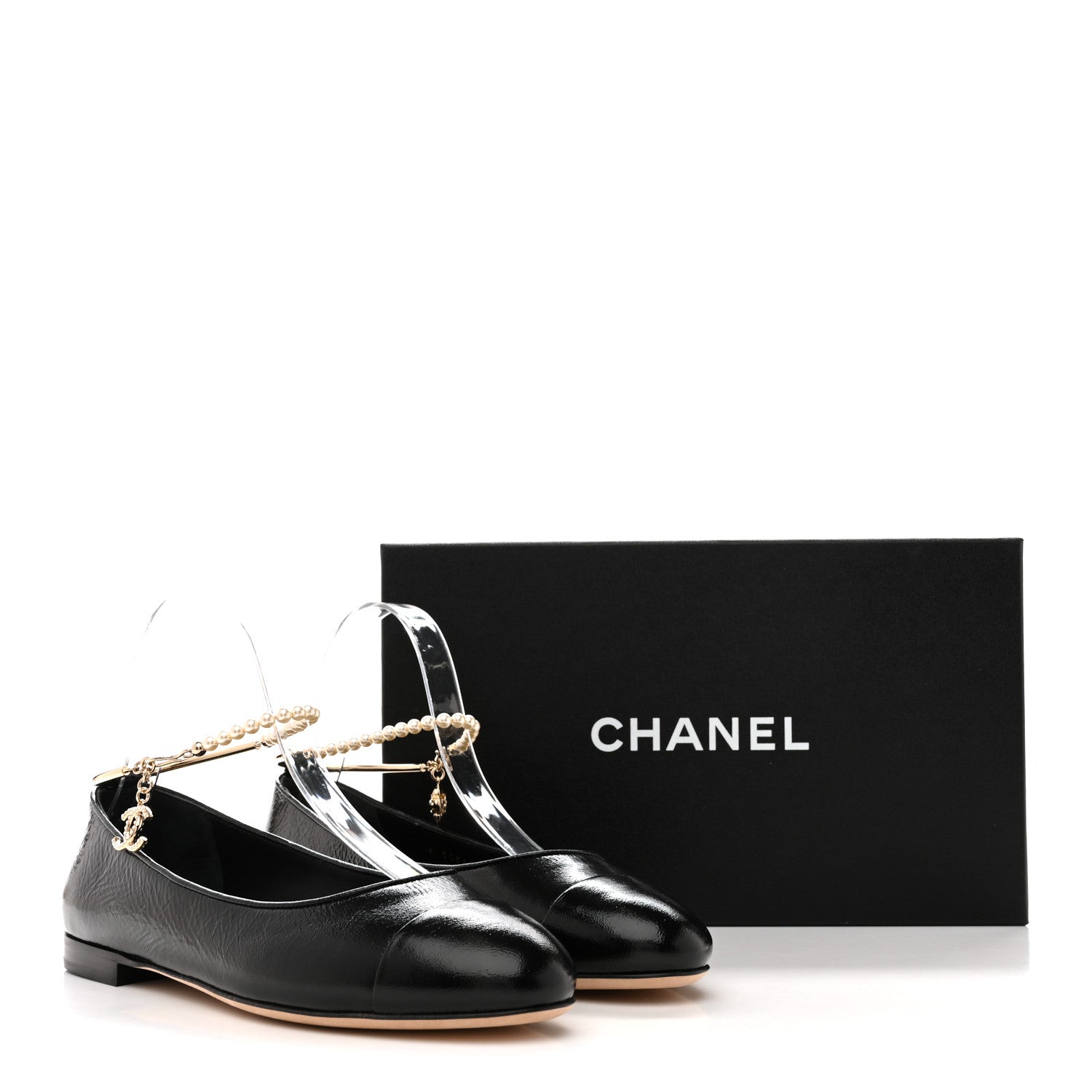Shiny Lambskin Pearl Cap Toe Ankle Chain Ballerina Flats 39 Black