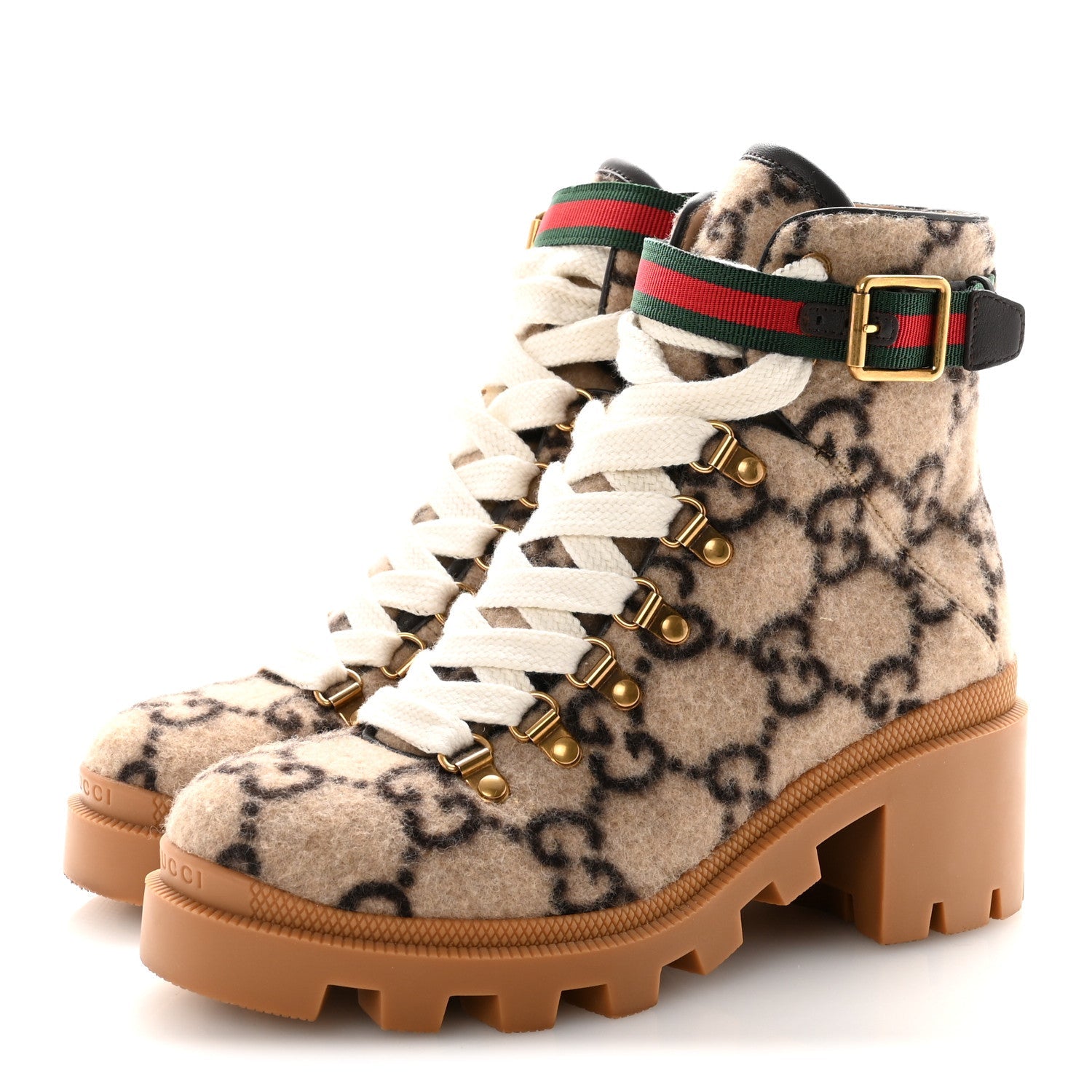 Covered Wool Big GG Monogram Womens Lace Up Combat Ankle Boots 36 Beige Ebony Cocoa