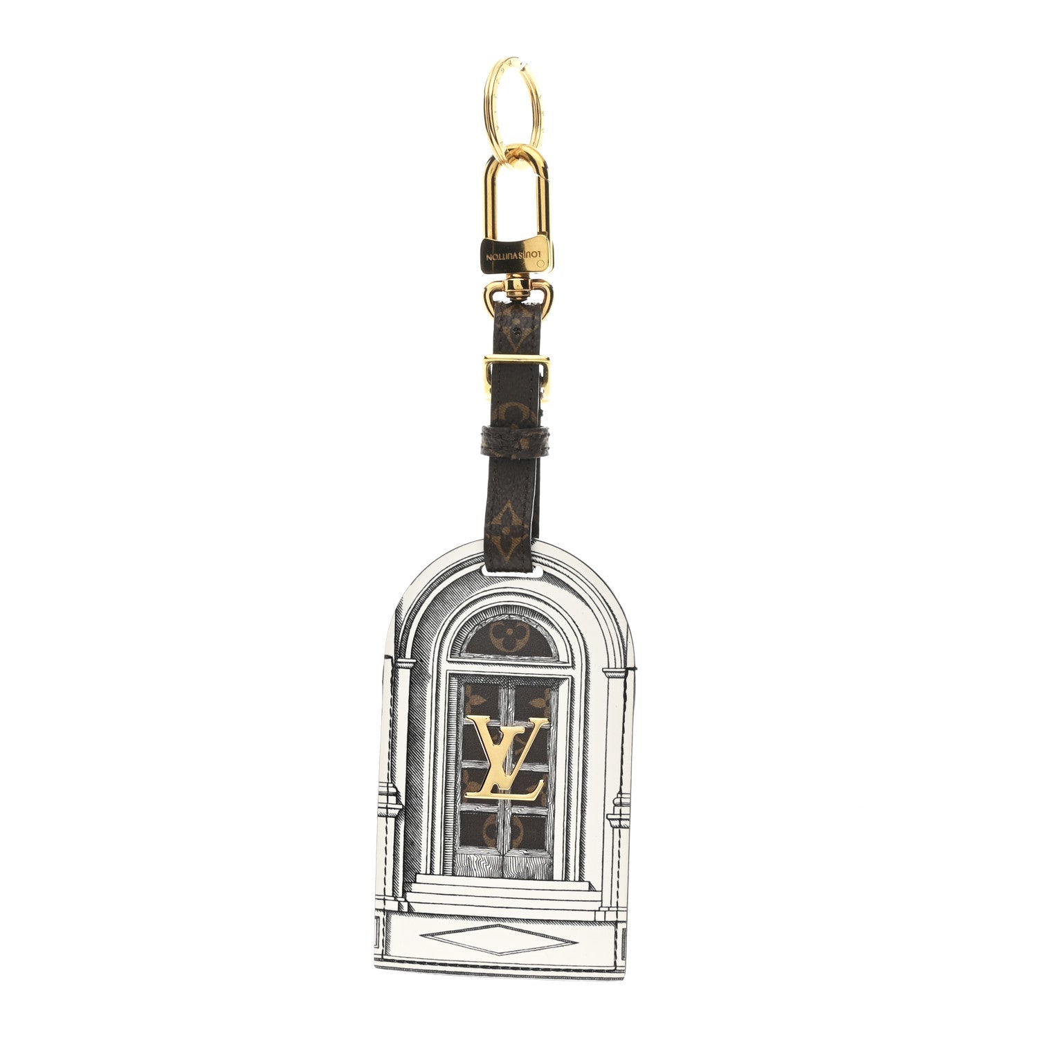 X FORNASETTI Calfskin Architettura Luggage Tag Bag Charm Key Holder Black White