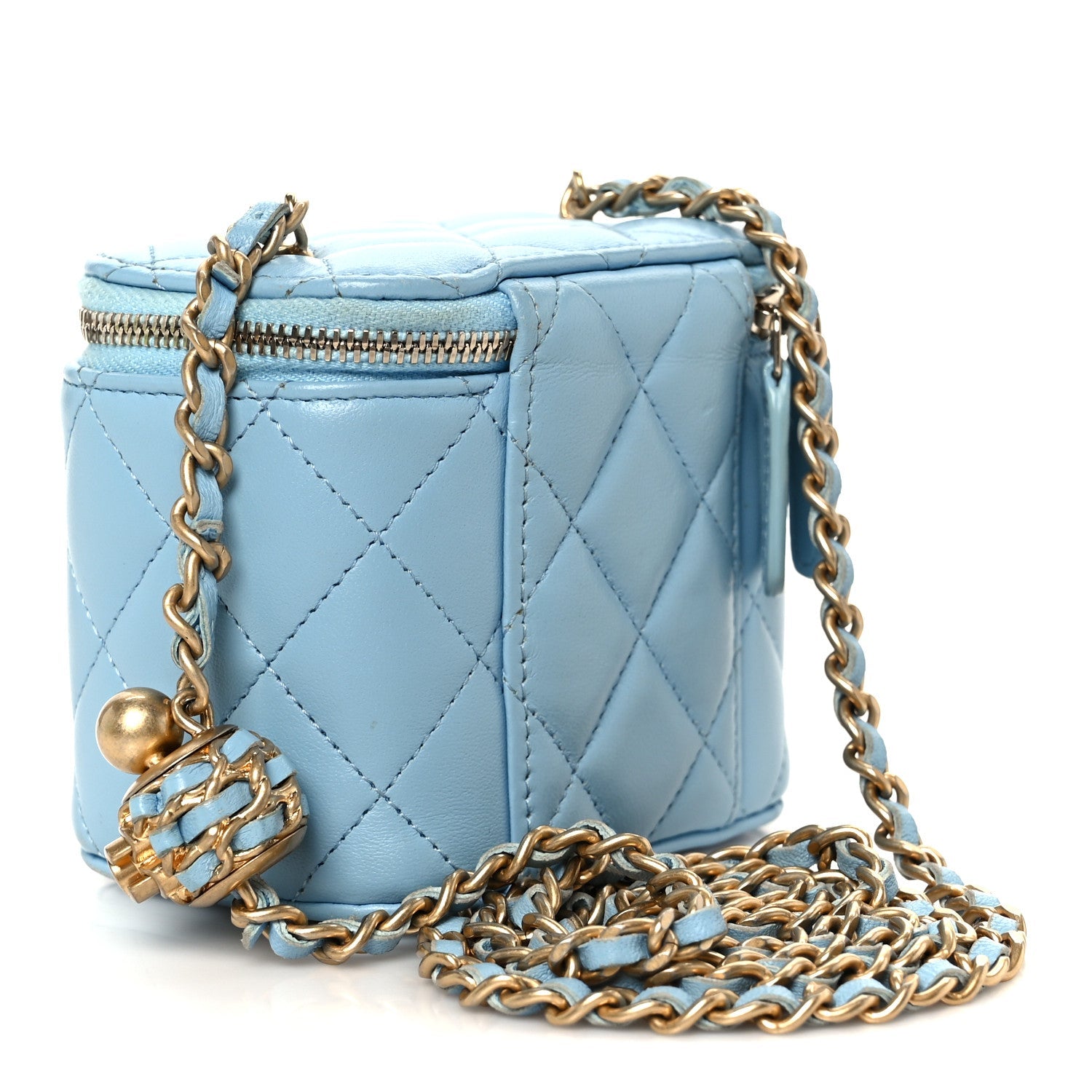 Lambskin Quilted Pearl Crush Mini Vanity Case With Chain Light Blue