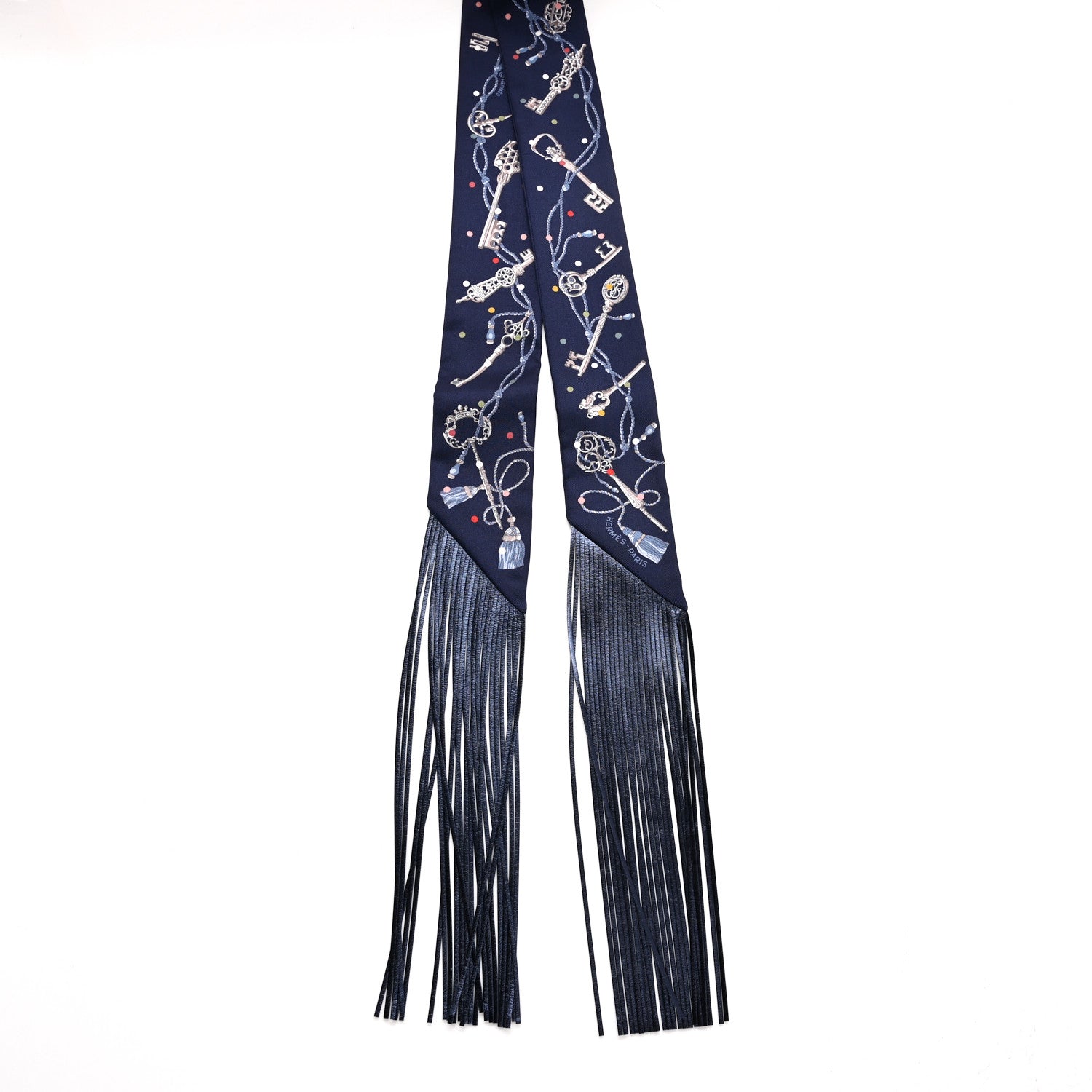 Silk Calfskin Les Cles A Pois Fringed Twilly Bleu Marine Gris Argent Multicolor