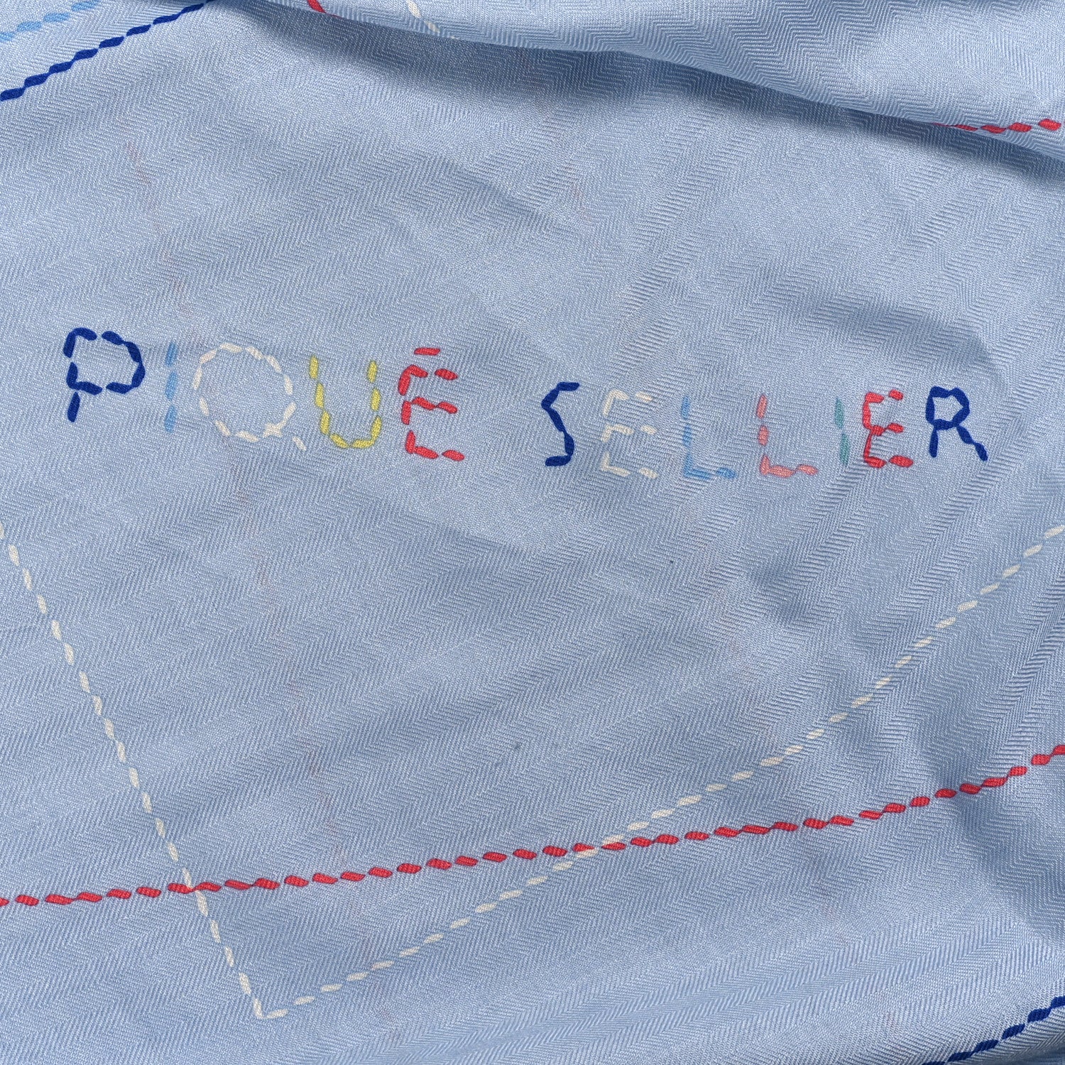 Cashmere Silk Embroidered Giant Pique Sellier Scarf 140 Bleu Ciel Rose Jaune