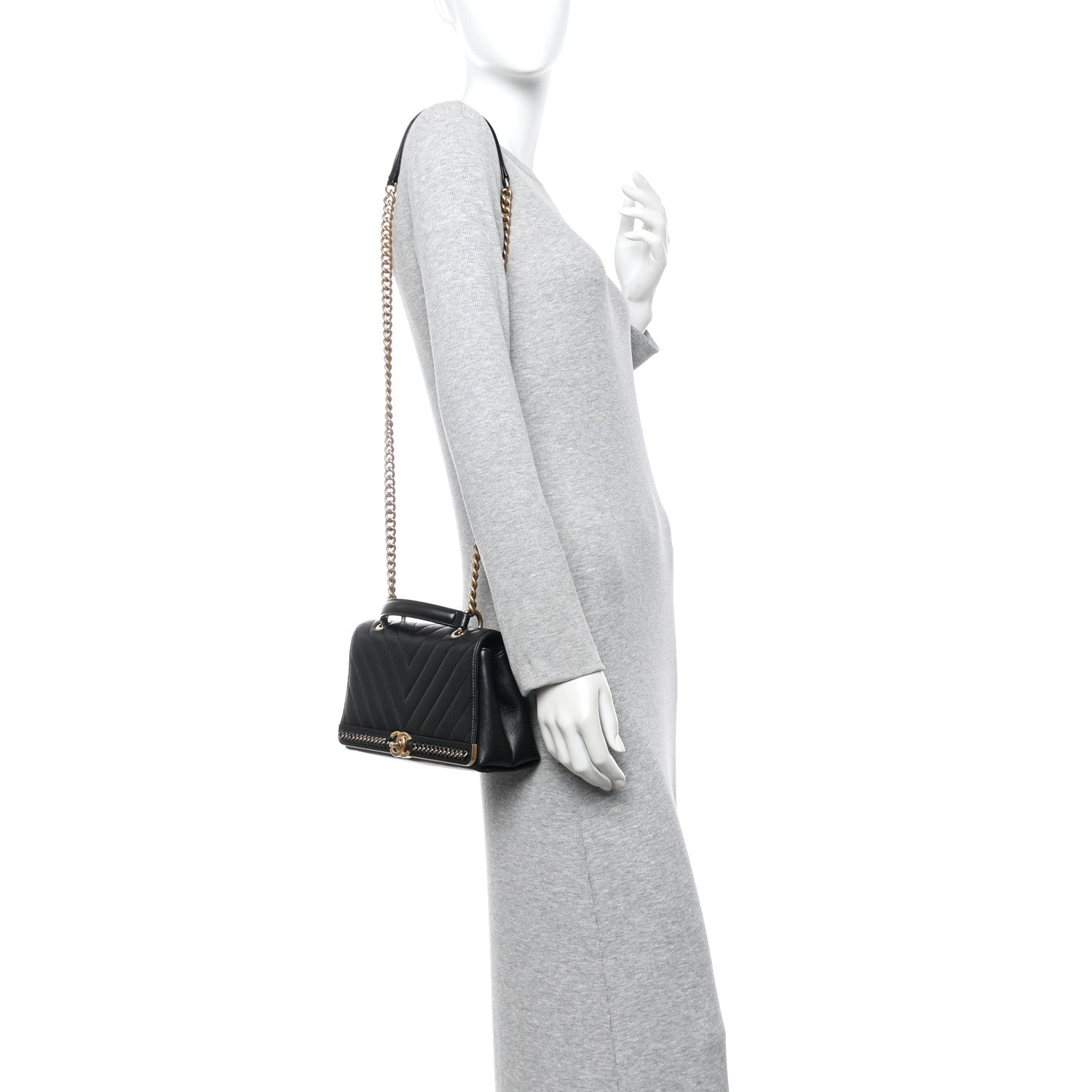 Sheepskin Chevron Stitched Chain Top Handle Flap Black