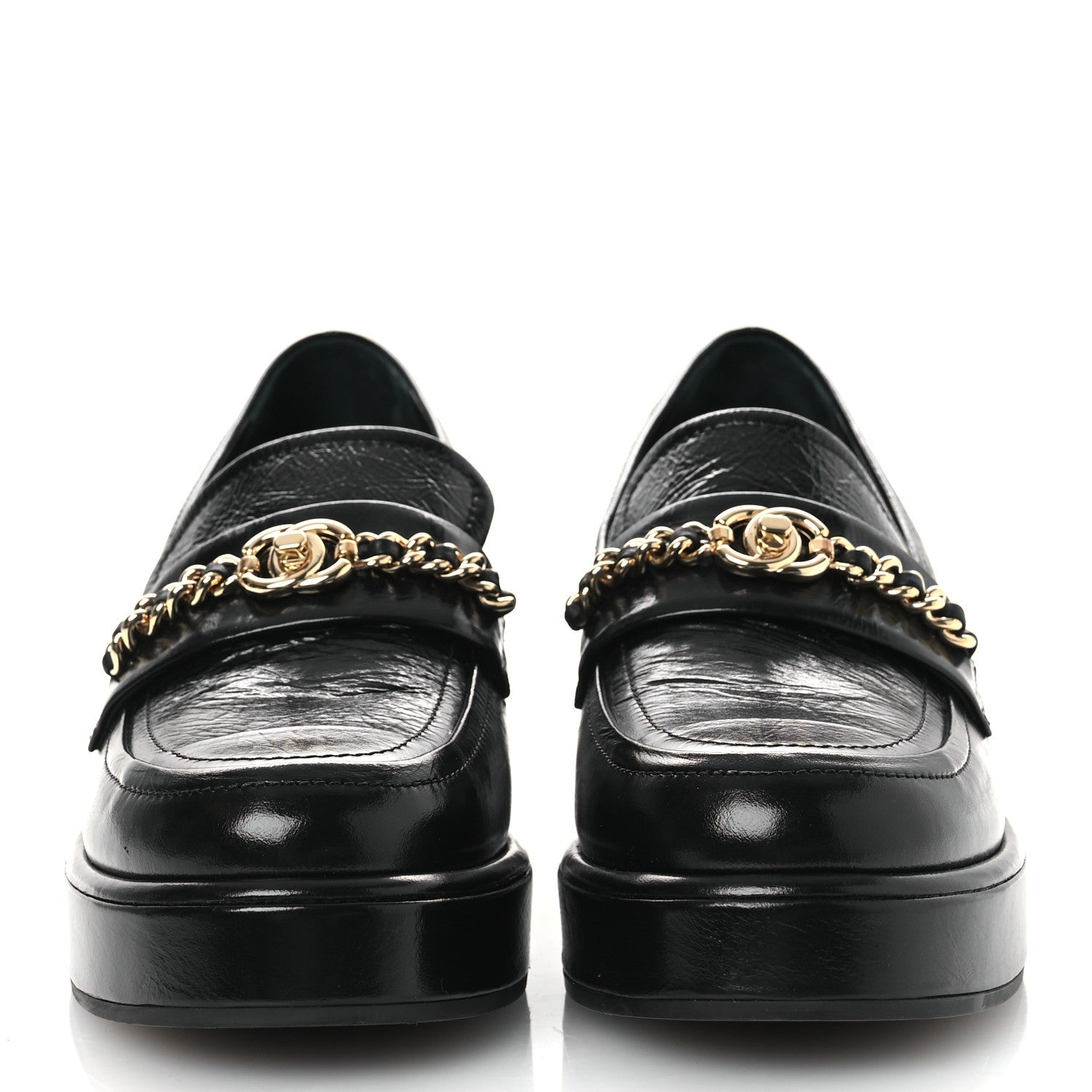 Shiny Calfskin Logo Loafers 38 Black