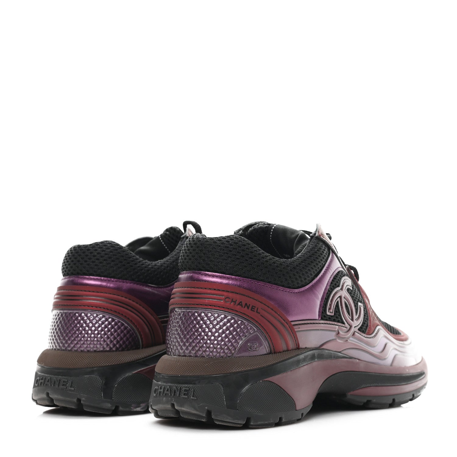Fabric Laminated Calfskin Stretch CC Womens Sneakers 37.5 Black Purple Burgundy